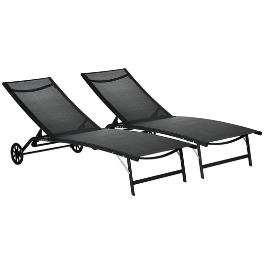 Lounge Chair Set of 2 with Wheels, Outdoor Chaise Lounge with 5-Level Adjustable Backrest for Garden, Backyard, Patio, Deck, Poolside, Black