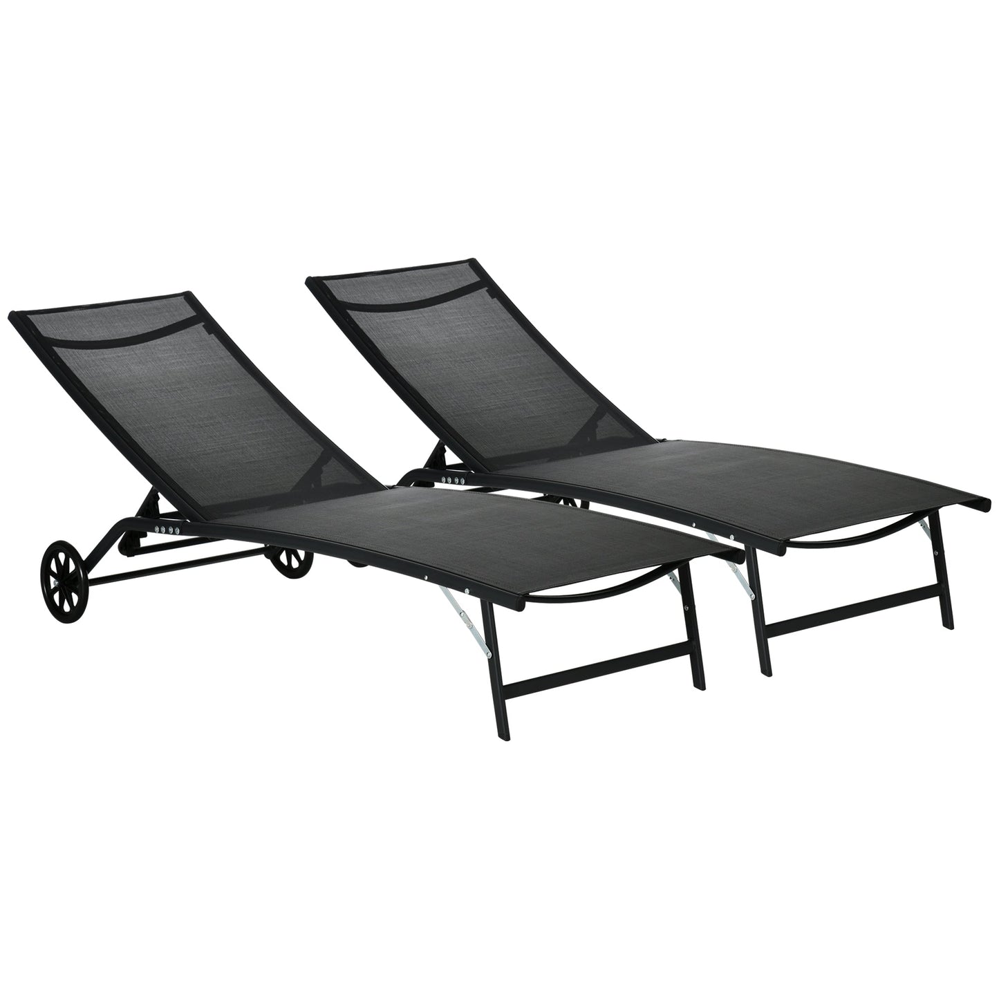 Lounge Chair Set of 2 with Wheels, Outdoor Chaise Lounge with 5-Level Adjustable Backrest for Garden, Backyard, Patio, Deck, Poolside, Black