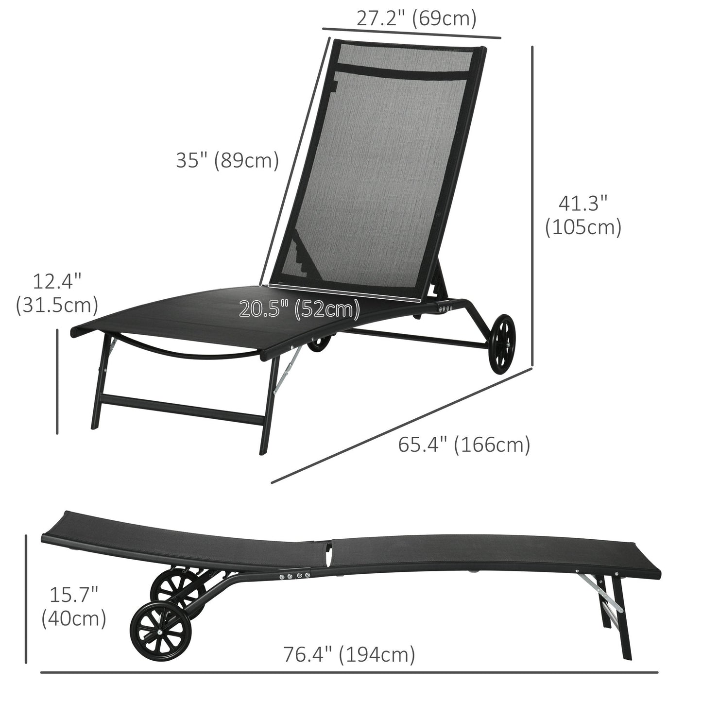 Lounge Chair Set of 2 with Wheels, Outdoor Chaise Lounge with 5-Level Adjustable Backrest for Garden, Backyard, Patio, Deck, Poolside, Black