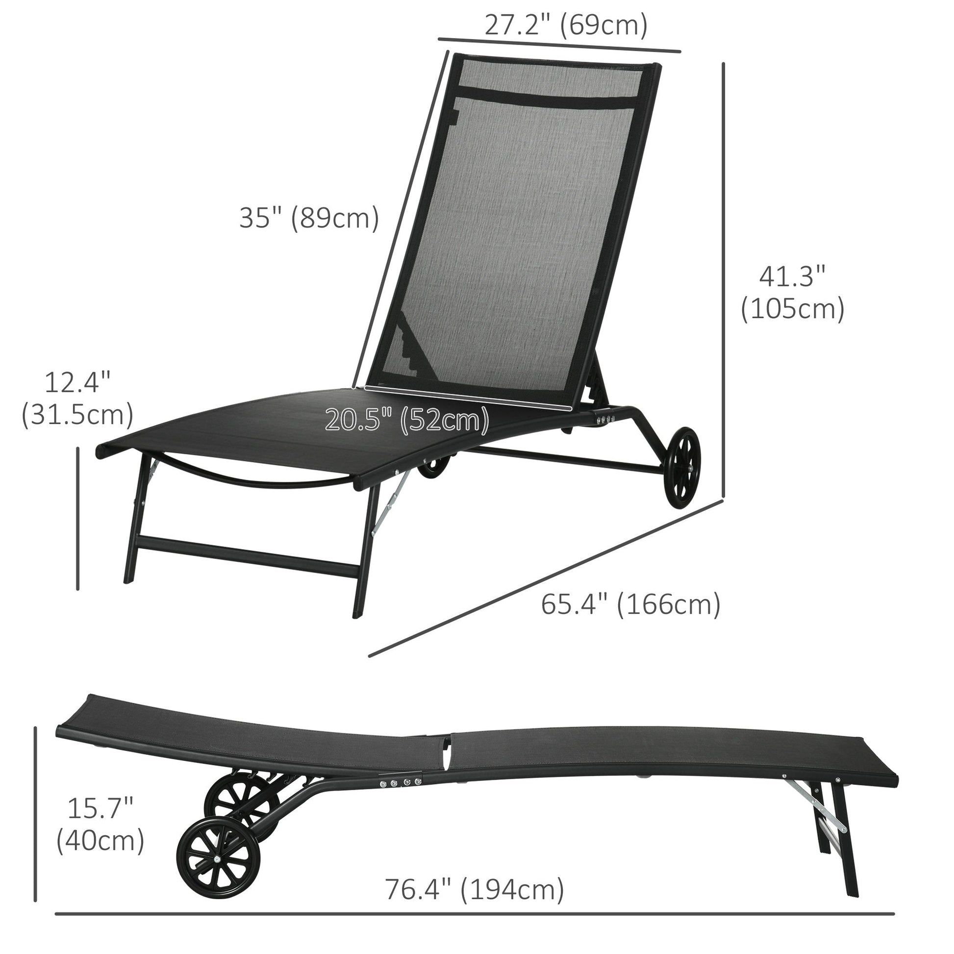 Lounge Chair Set of 2 with Wheels, Outdoor Chaise Lounge with 5-Level Adjustable Backrest for Garden, Backyard, Patio, Deck, Poolside, Black