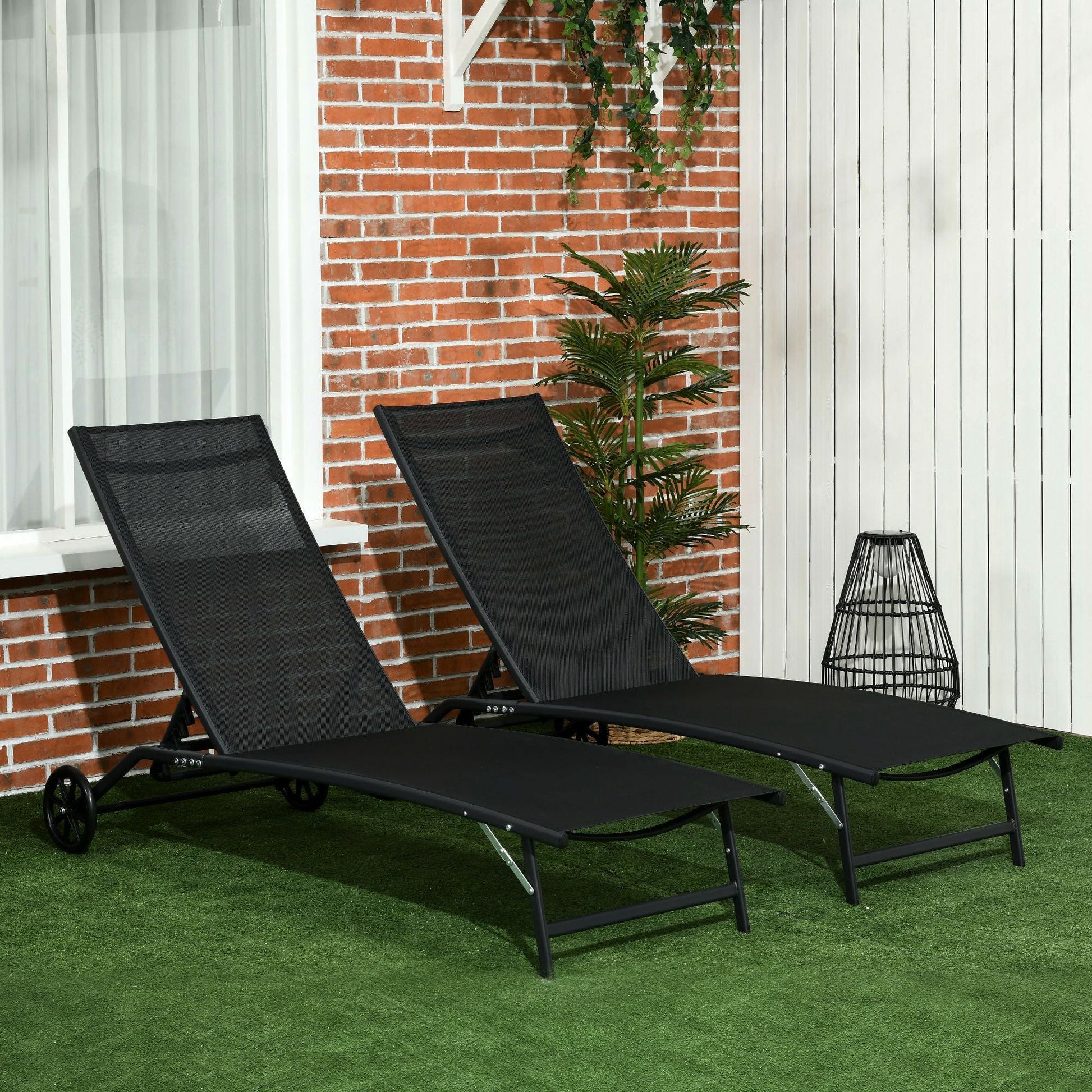 Lounge Chair Set of 2 with Wheels, Outdoor Chaise Lounge with 5-Level Adjustable Backrest for Garden, Backyard, Patio, Deck, Poolside, Black