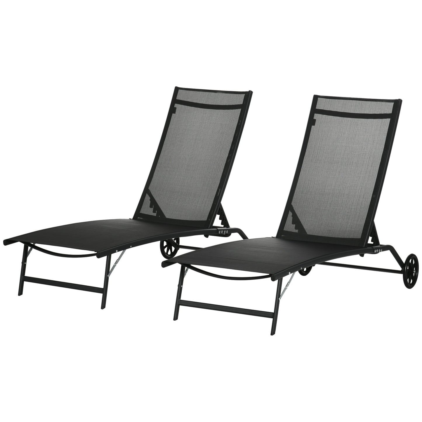 Lounge Chair Set of 2 with Wheels, Outdoor Chaise Lounge with 5-Level Adjustable Backrest for Garden, Backyard, Patio, Deck, Poolside, Black