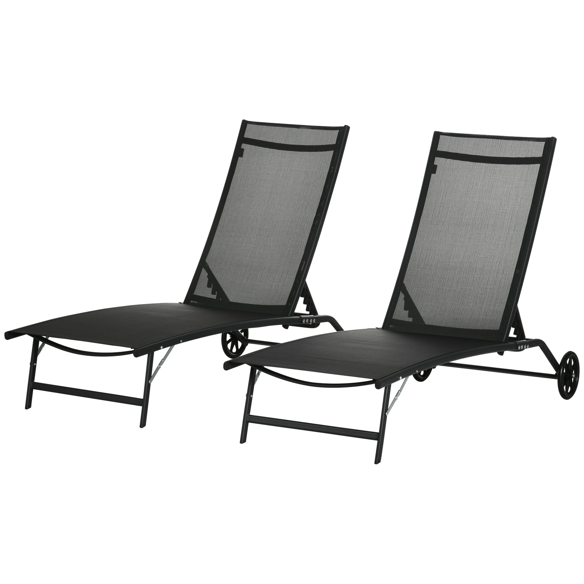 Lounge Chair Set of 2 with Wheels, Outdoor Chaise Lounge with 5-Level Adjustable Backrest for Garden, Backyard, Patio, Deck, Poolside, Black
