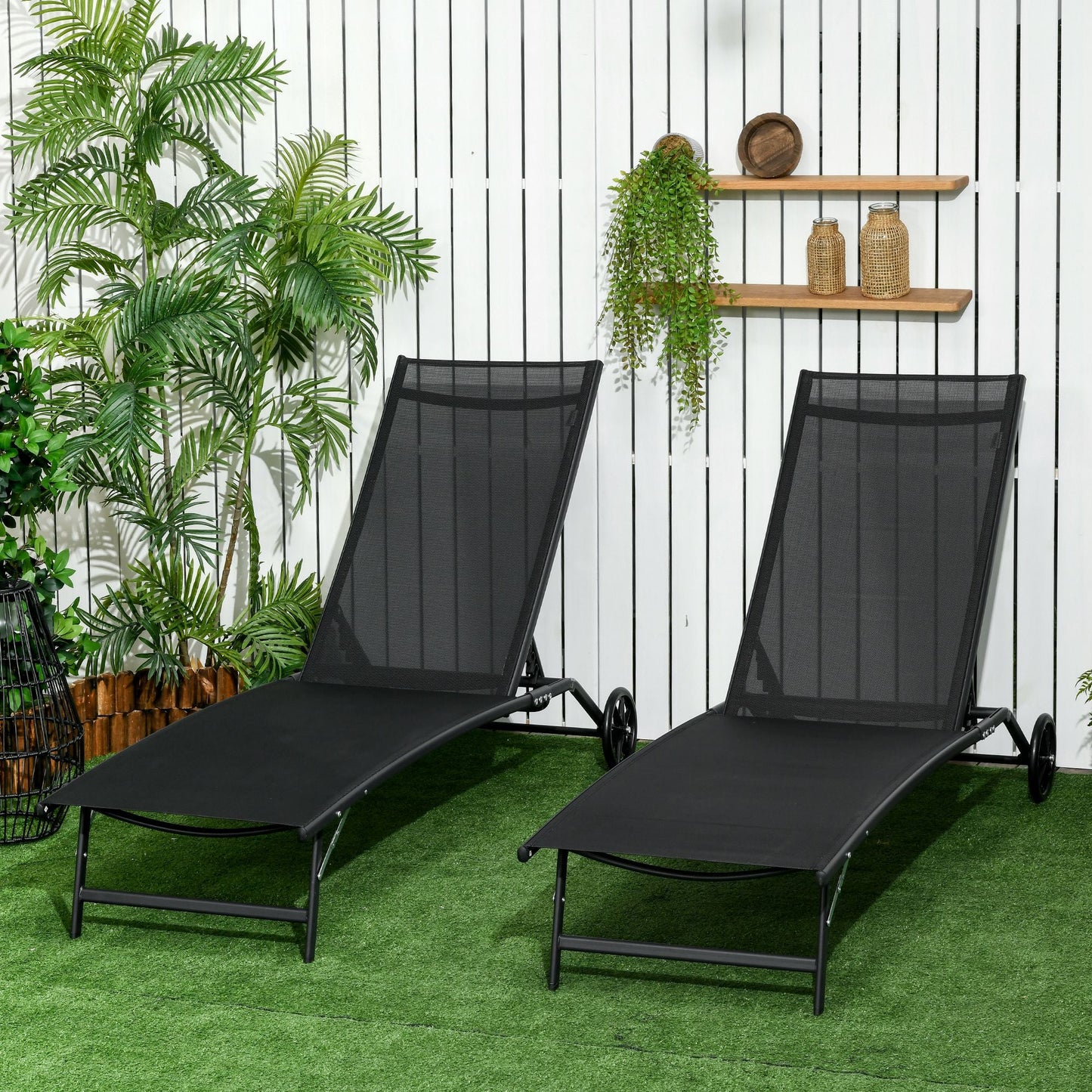 Lounge Chair Set of 2 with Wheels, Outdoor Chaise Lounge with 5-Level Adjustable Backrest for Garden, Backyard, Patio, Deck, Poolside, Black