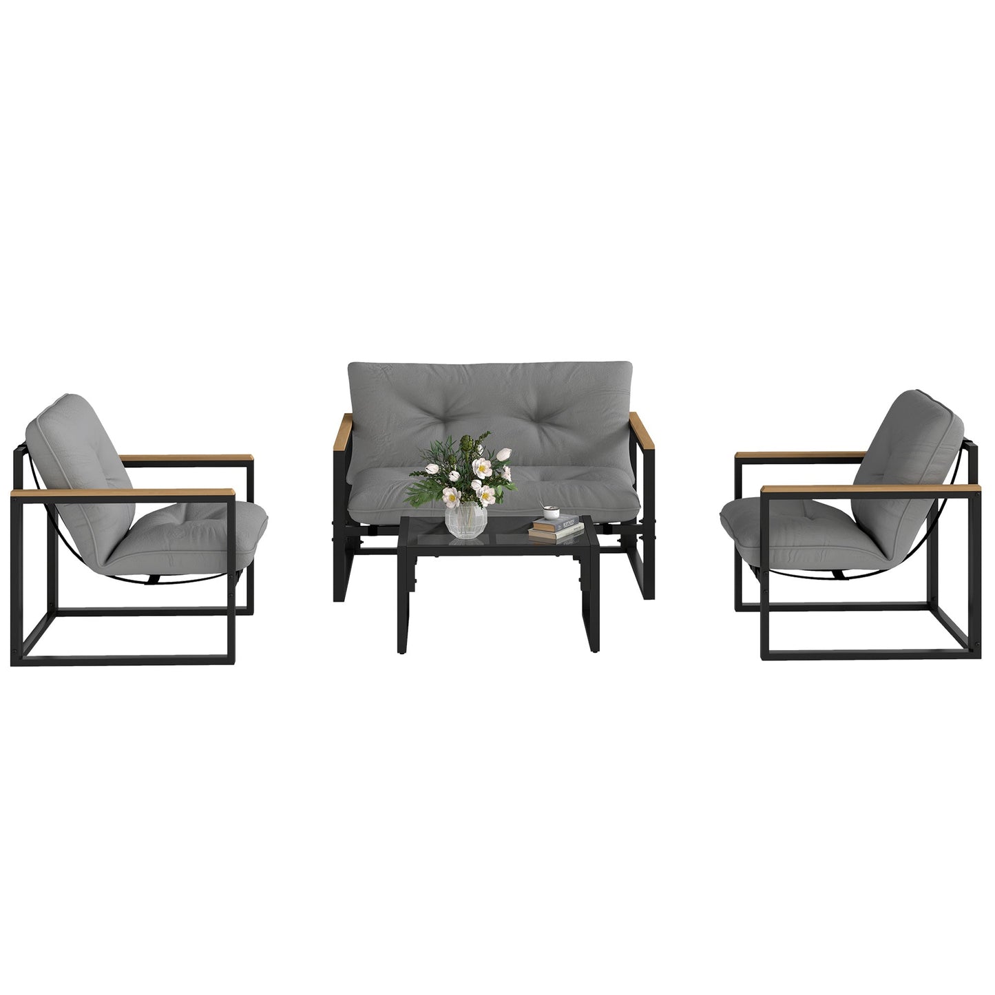 4 Piece Patio Furniture Set, Outdoor Loveseat Sofa Set with Thick Cushions and Coffee Table, Patio Conversation Set for Porch, Balcony, Deck, Light Grey