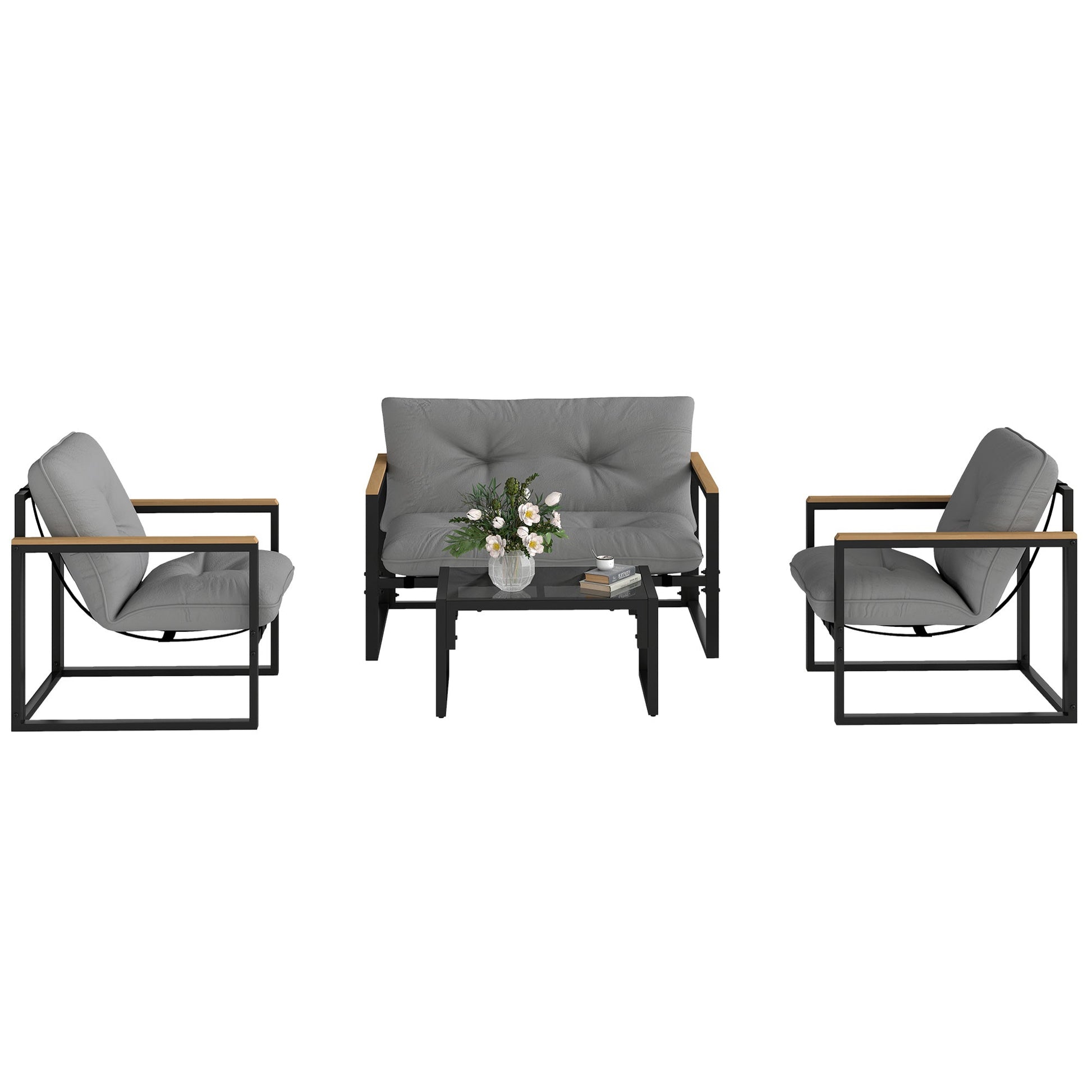 4 Piece Patio Furniture Set, Outdoor Loveseat Sofa Set with Thick Cushions and Coffee Table, Patio Conversation Set for Porch, Balcony, Deck, Light Grey