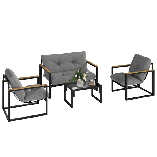 4 Piece Patio Furniture Set, Outdoor Loveseat Sofa Set with Thick Cushions and Coffee Table, Patio Conversation Set for Porch, Balcony, Deck, Light Grey