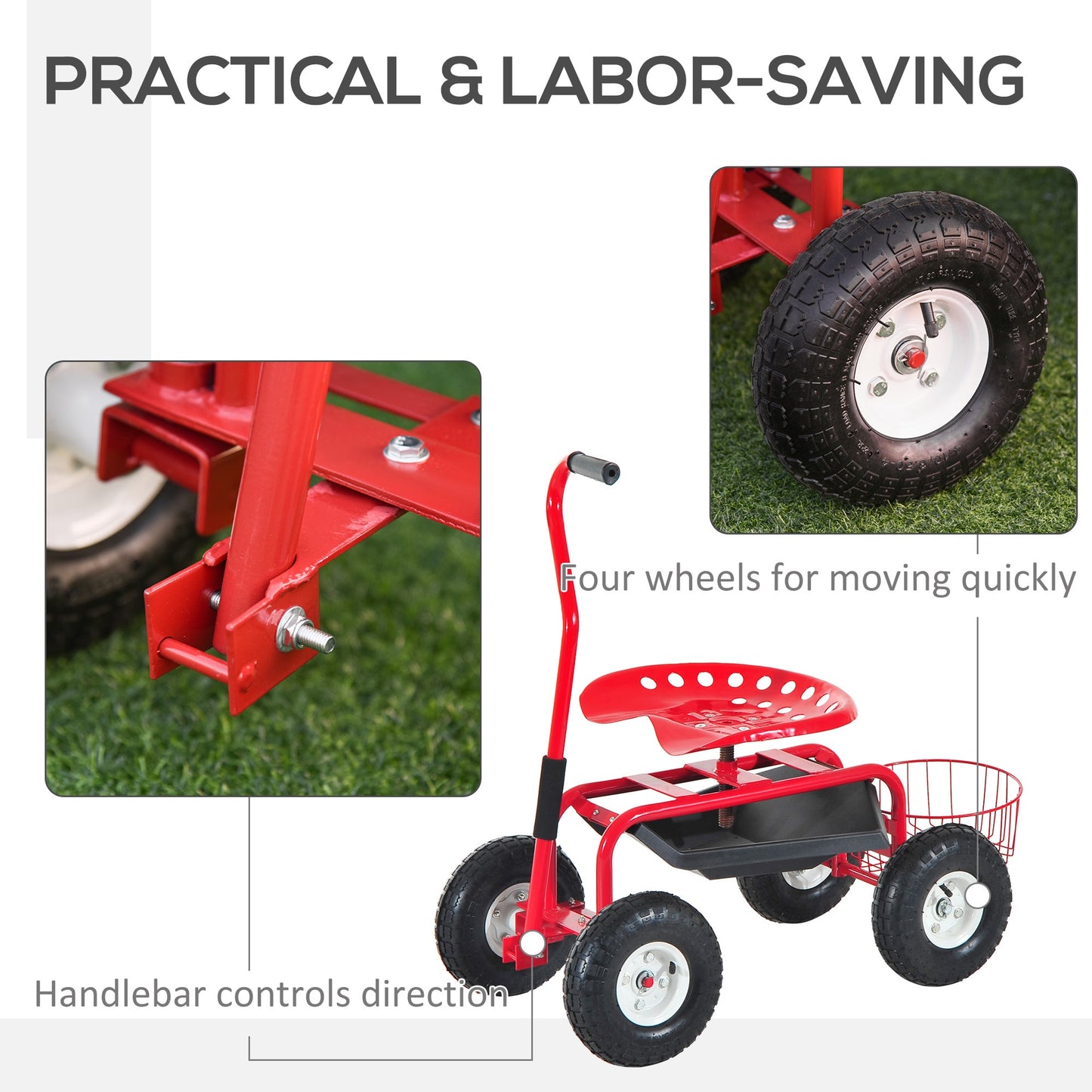 Garden Scooter, Rolling Cart with Swivel and Adjustable Seat, Tool Tray, Bucket Basket, Red and Black