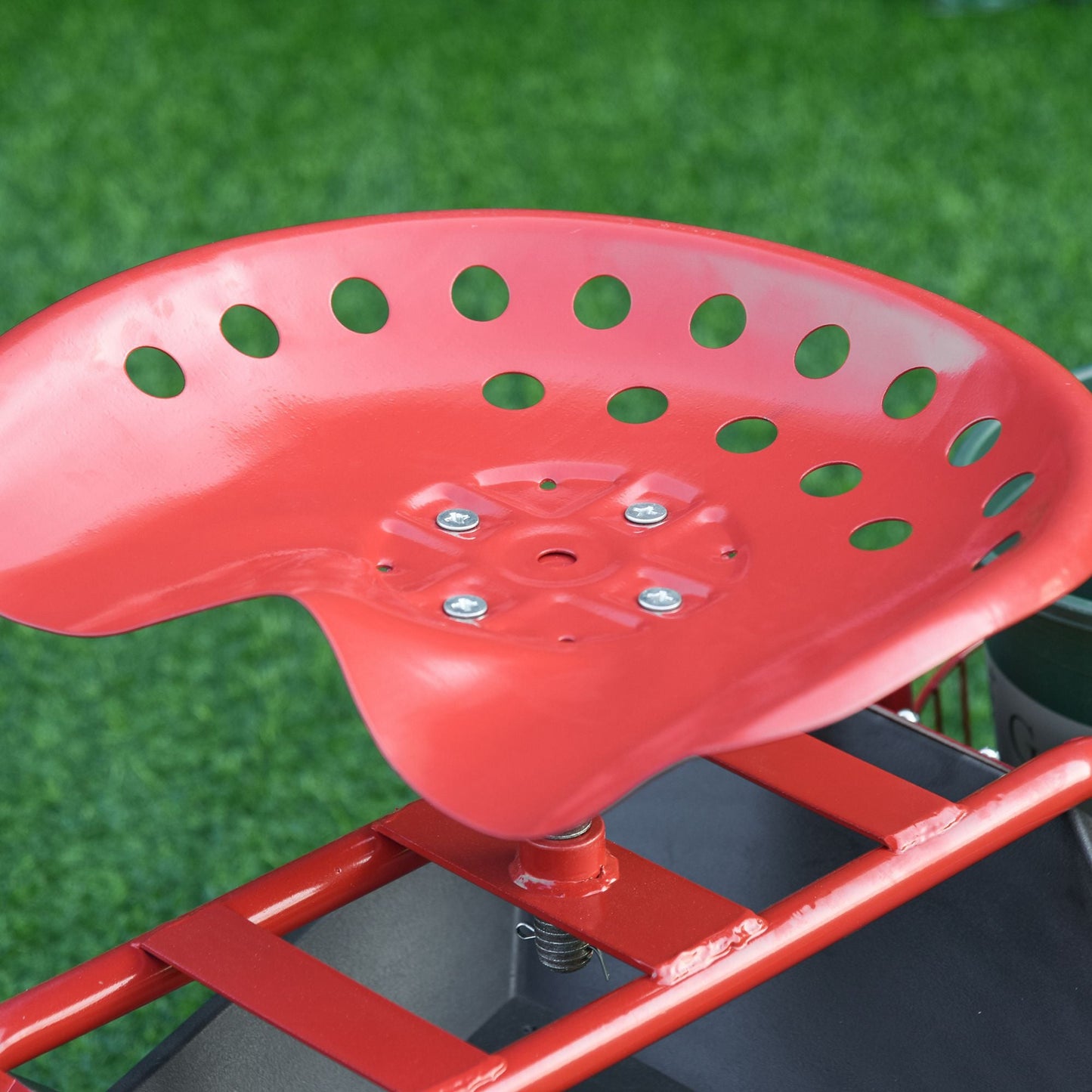 Garden Scooter, Rolling Cart with Swivel and Adjustable Seat, Tool Tray, Bucket Basket, Red and Black