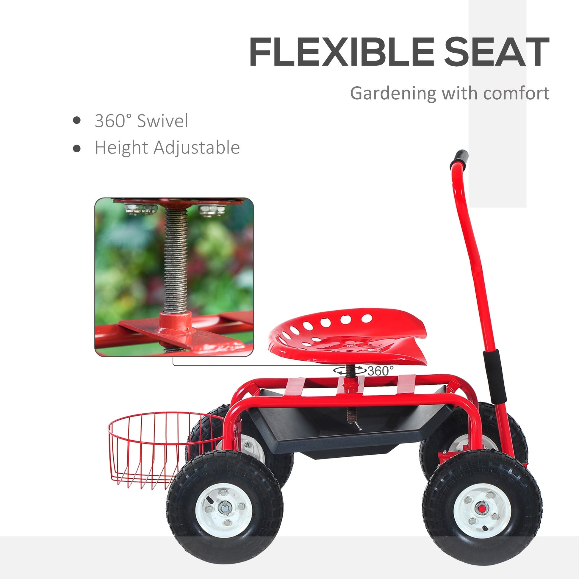 Garden Scooter, Rolling Cart with Swivel and Adjustable Seat, Tool Tray, Bucket Basket, Red and Black