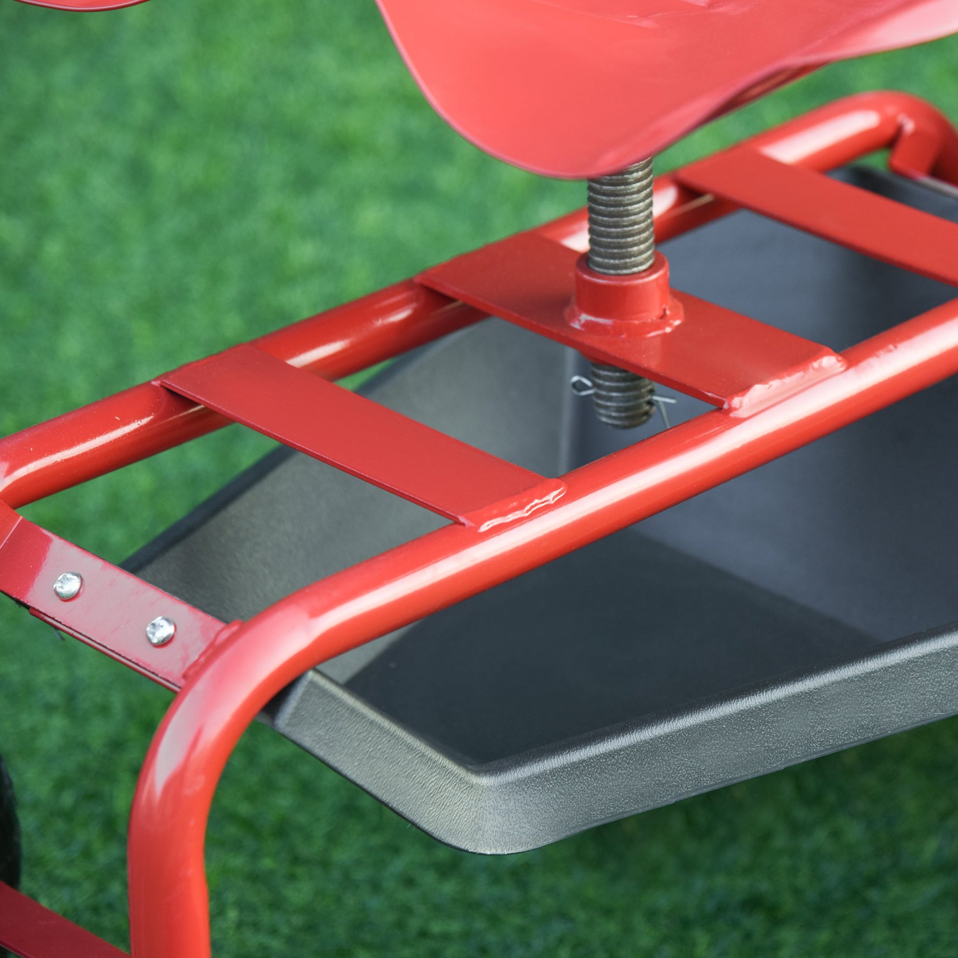 Garden Scooter, Rolling Cart with Swivel and Adjustable Seat, Tool Tray, Bucket Basket, Red and Black