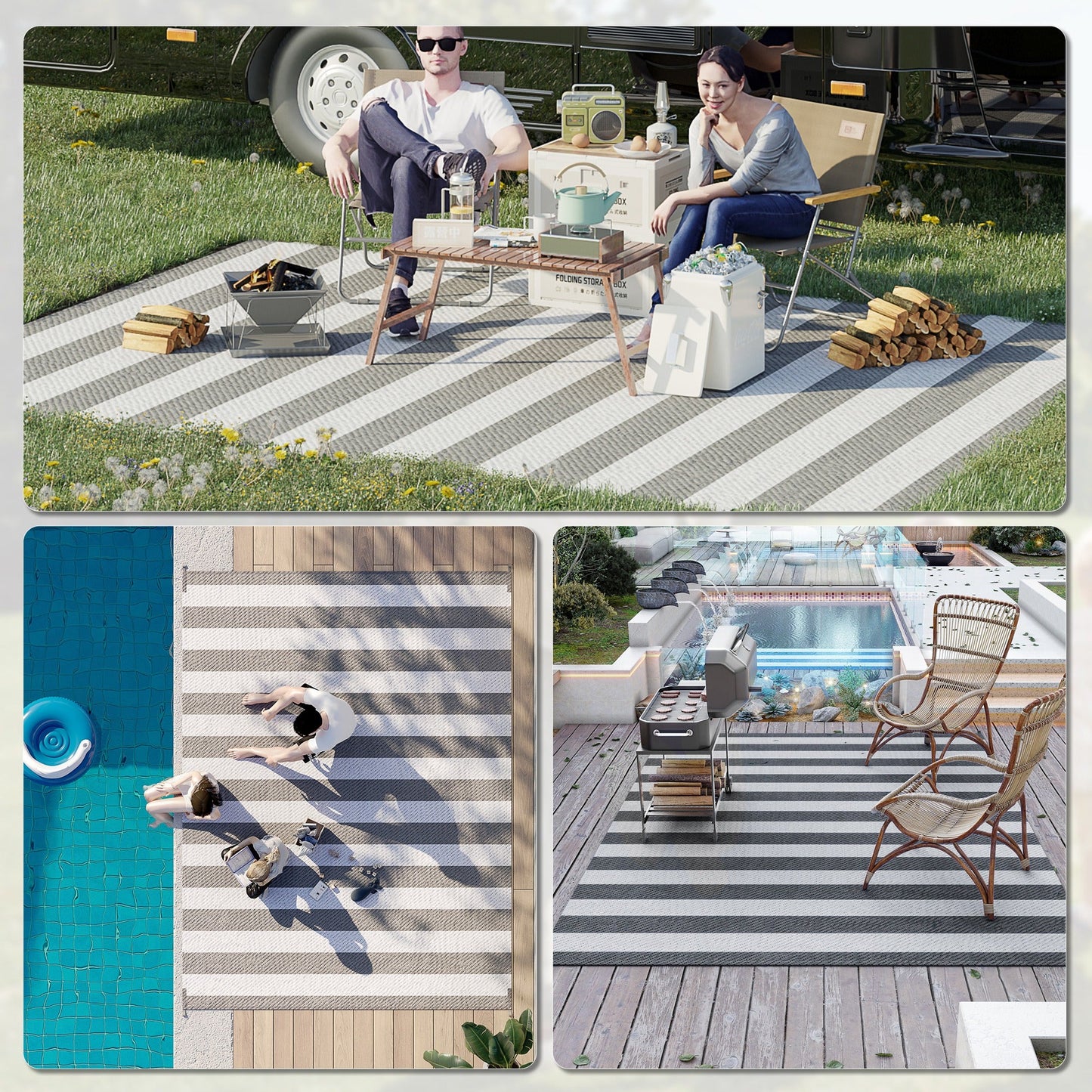 Reversible Outdoor Rug with Carry Bag, 9' x 12' Waterproof Plastic Straw Floor Mat, Portable RV Camping Carpet for Backyard, Deck, Picnic, Beach, Stripe, Grey & White
