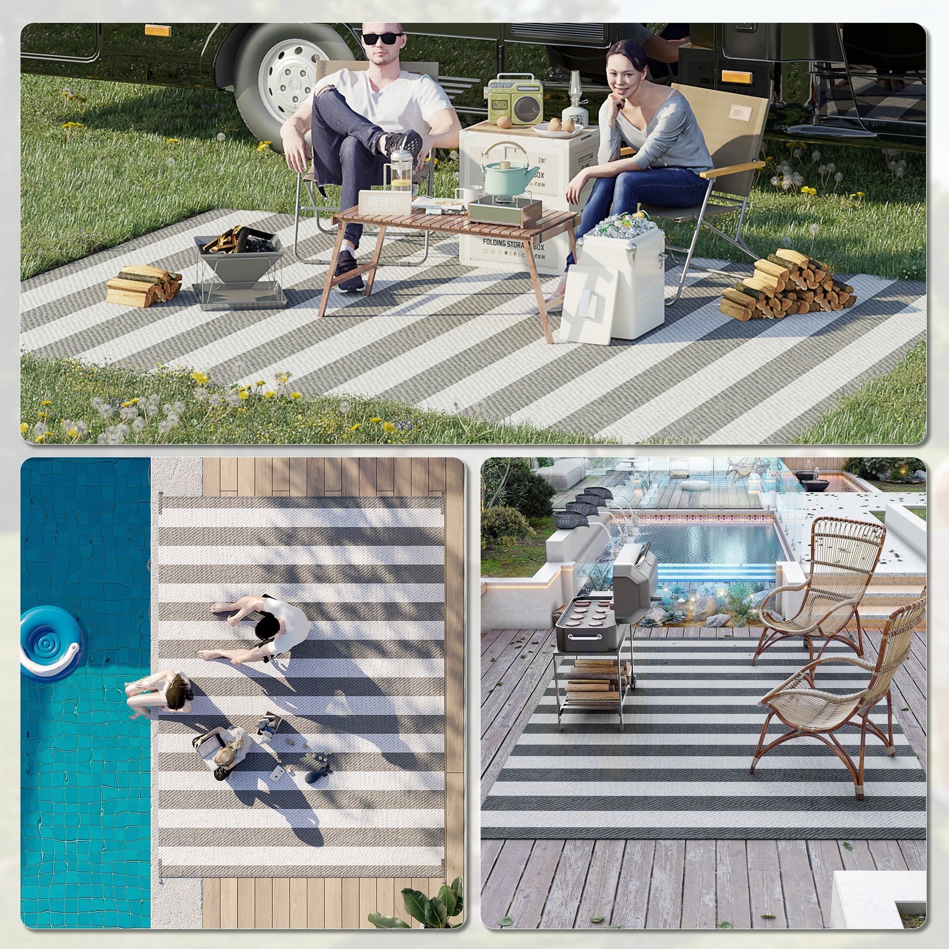 Reversible Outdoor Rug with Carry Bag, 9' x 12' Waterproof Plastic Straw Floor Mat, Portable RV Camping Carpet for Backyard, Deck, Picnic, Beach, Stripe, Grey & White