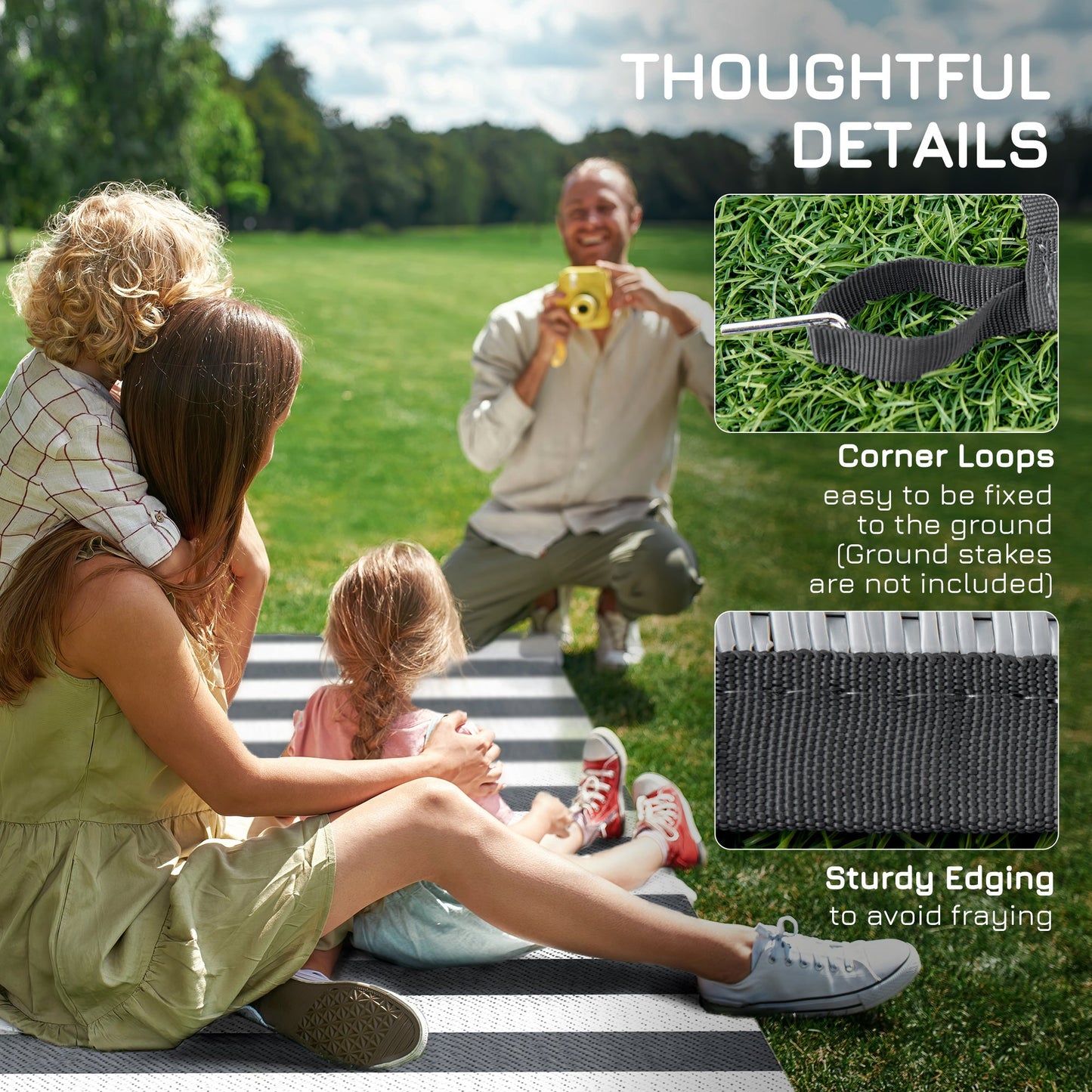 Reversible Outdoor Rug with Carry Bag, 9' x 12' Waterproof Plastic Straw Floor Mat, Portable RV Camping Carpet for Backyard, Deck, Picnic, Beach, Stripe, Grey & White