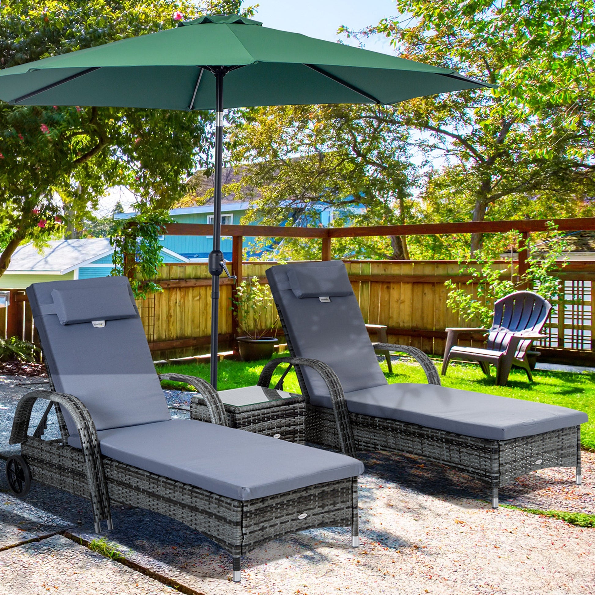 3 Pieces Patio Rattan Chaise Lounge Set, Outdoor PE Wicker Reclining Lounger Furniture Set, Adjustable Portable with Wheeled & Side Table, Grey