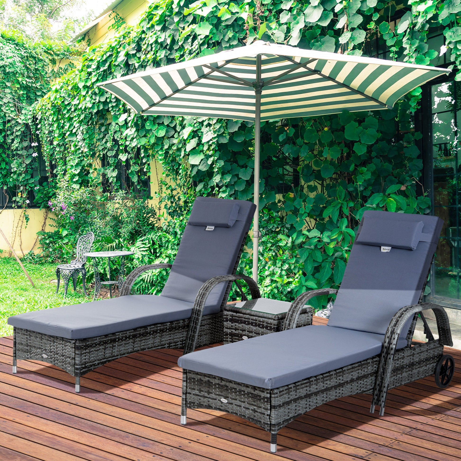 3 Pieces Patio Rattan Chaise Lounge Set, Outdoor PE Wicker Reclining Lounger Furniture Set, Adjustable Portable with Wheeled & Side Table, Grey