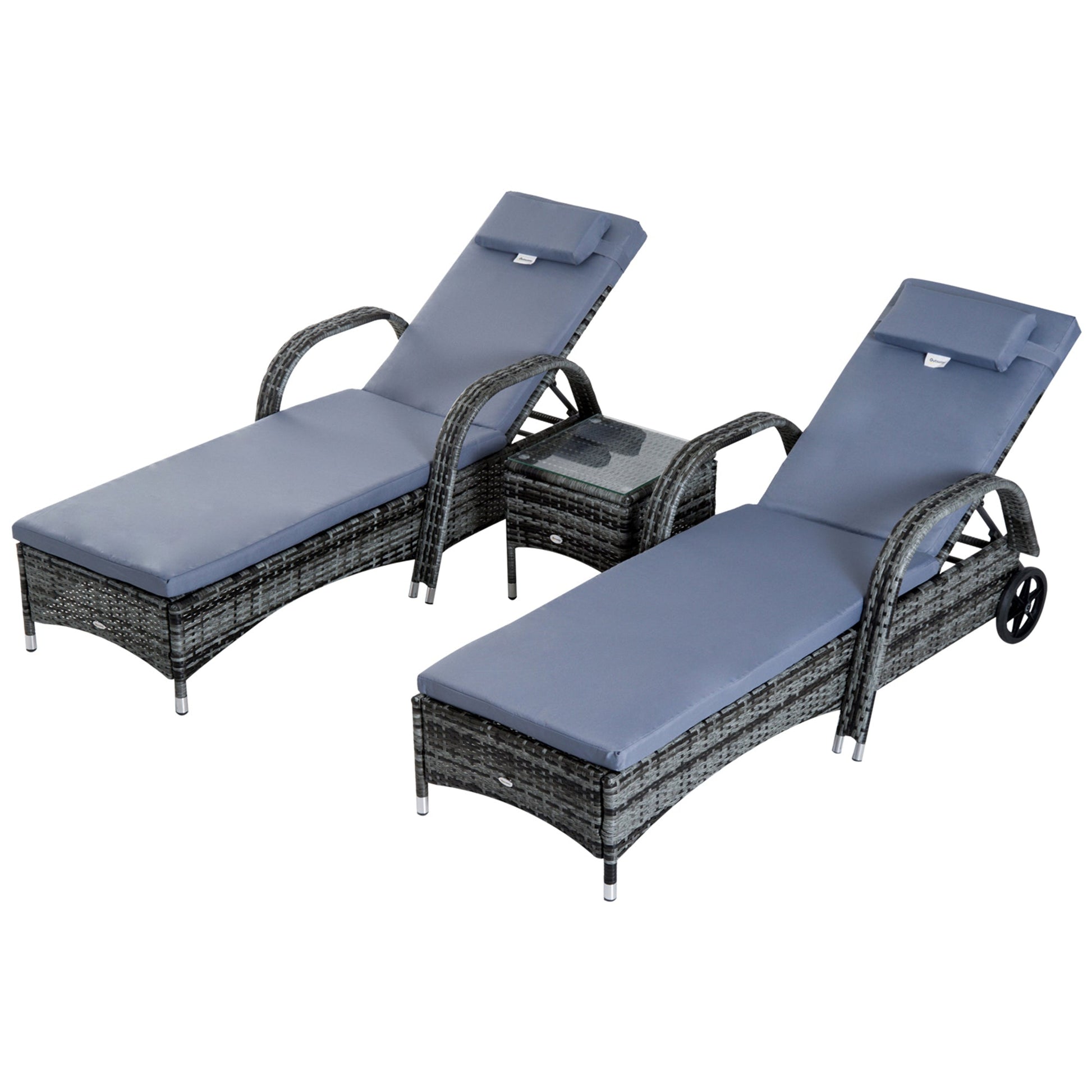3 Pieces Patio Rattan Chaise Lounge Set, Outdoor PE Wicker Reclining Lounger Furniture Set, Adjustable Portable with Wheeled & Side Table, Grey
