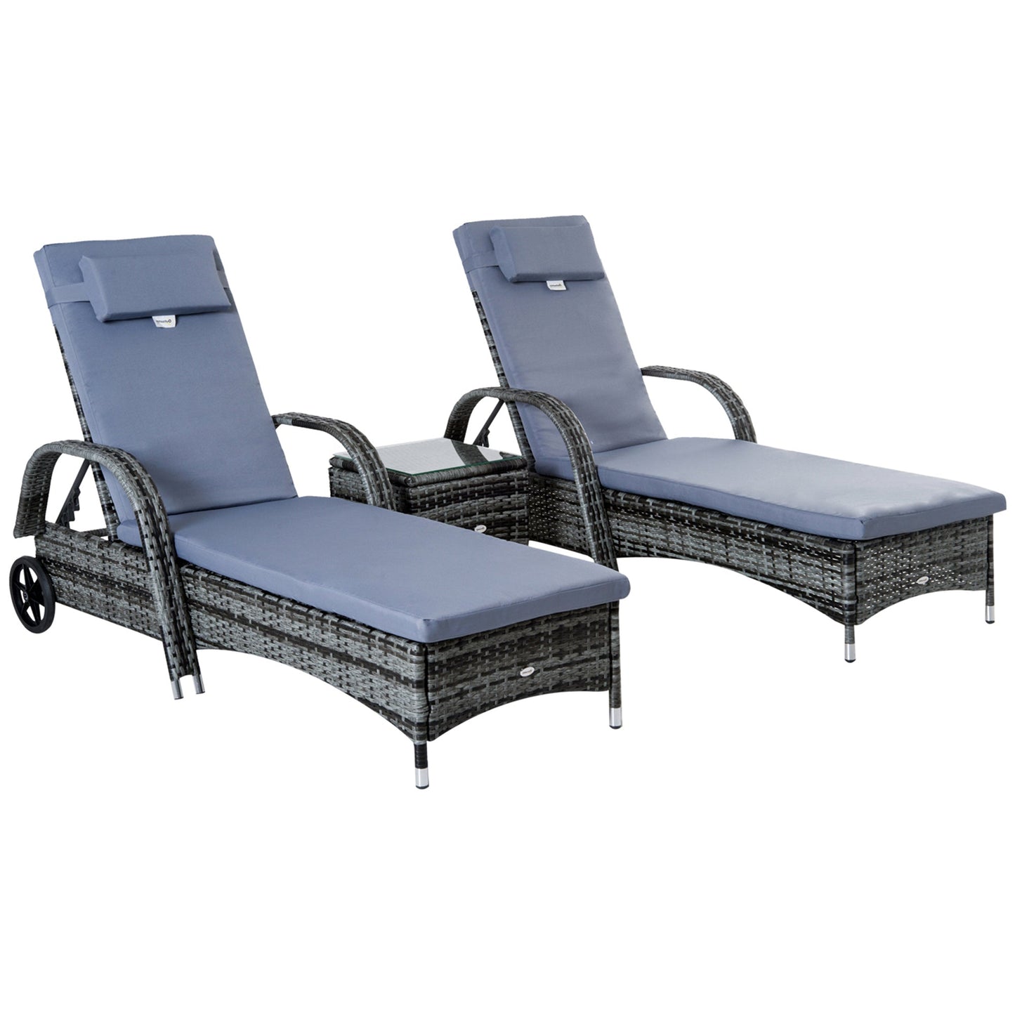 3 Pieces Patio Rattan Chaise Lounge Set, Outdoor PE Wicker Reclining Lounger Furniture Set, Adjustable Portable with Wheeled & Side Table, Grey
