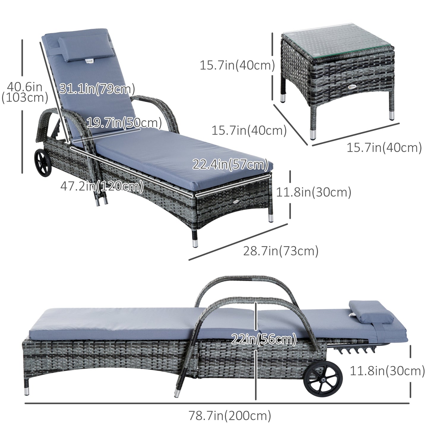 3 Pieces Patio Rattan Chaise Lounge Set, Outdoor PE Wicker Reclining Lounger Furniture Set, Adjustable Portable with Wheeled & Side Table, Grey