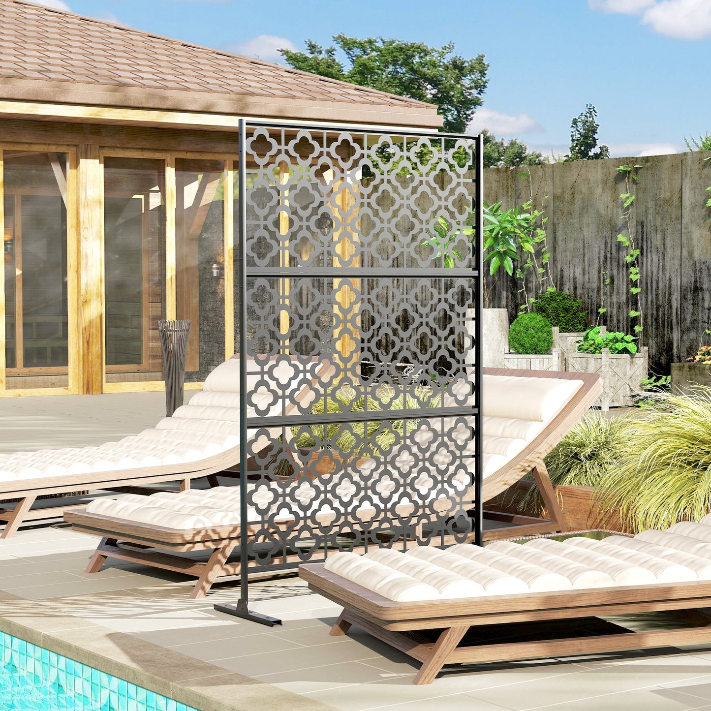 Metal Outdoor Privacy Screen, 78" x 48" Freestanding Outdoor Divider with Stand, Decorative Privacy Panel with Quatrefoil Cut-out Design for Garden Patio Backyard, Black