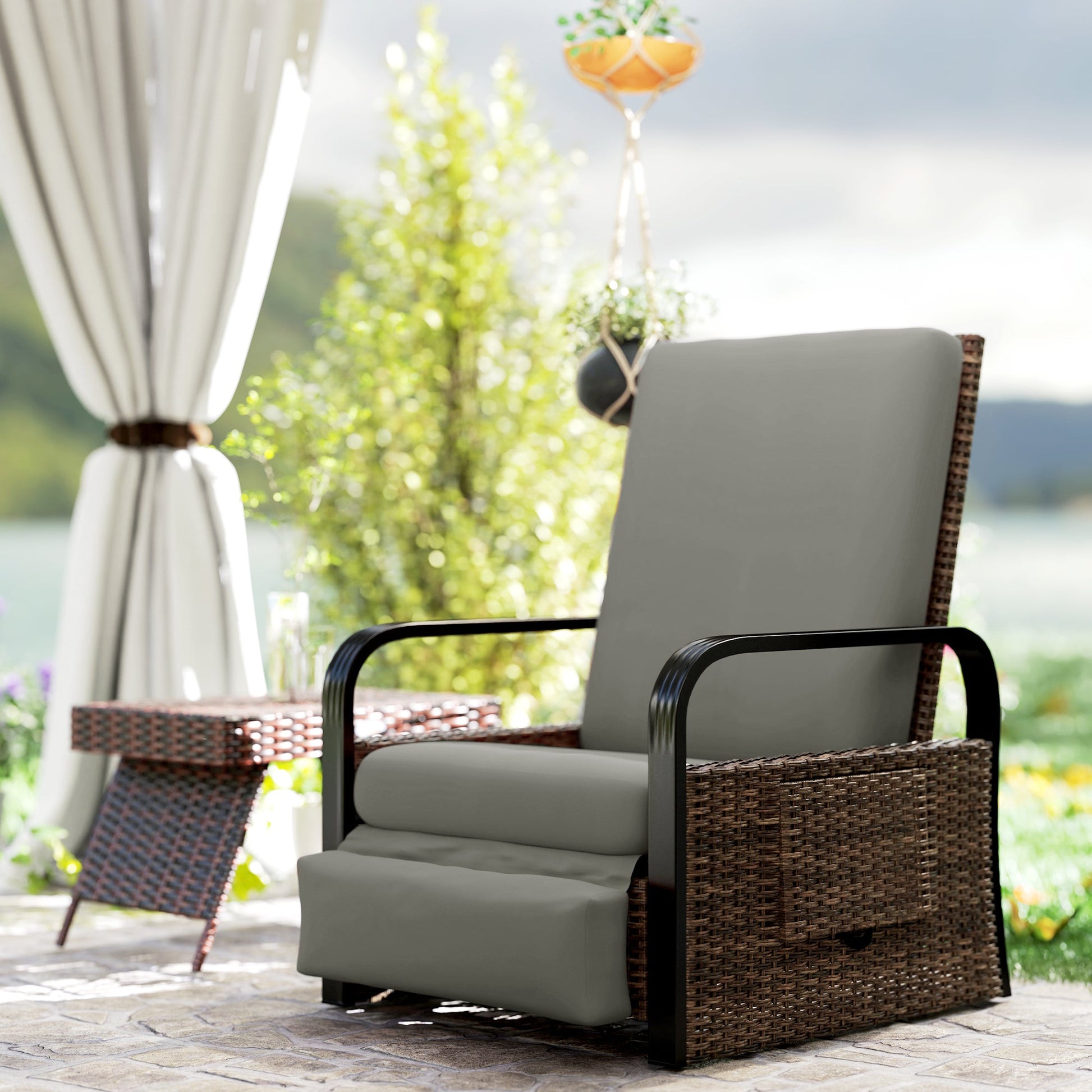 Outdoor Recliner Chair, Reclining Outdoor Lounge Chair with Adjustable Backrest and Footrest, Wicker Chair with Flip Side Table, Aluminum Armrests and Cushion, Light Grey