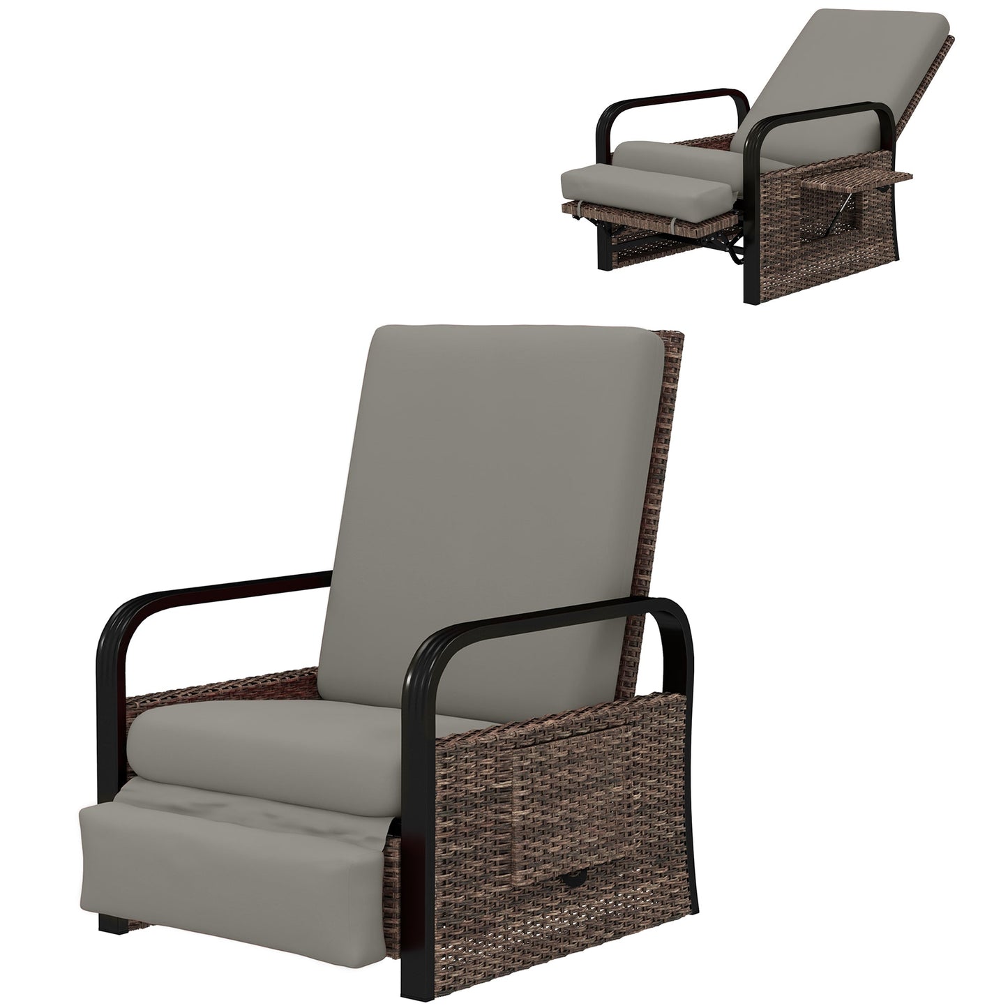 Outdoor Recliner Chair, Reclining Outdoor Lounge Chair with Adjustable Backrest and Footrest, Wicker Chair with Flip Side Table, Aluminum Armrests and Cushion, Light Grey