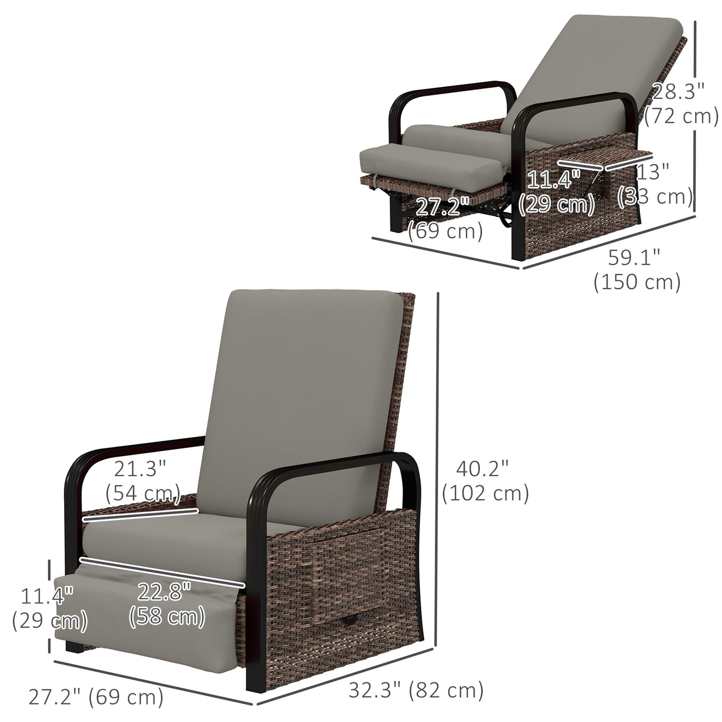 Outdoor Recliner Chair, Reclining Outdoor Lounge Chair with Adjustable Backrest and Footrest, Wicker Chair with Flip Side Table, Aluminum Armrests and Cushion, Light Grey