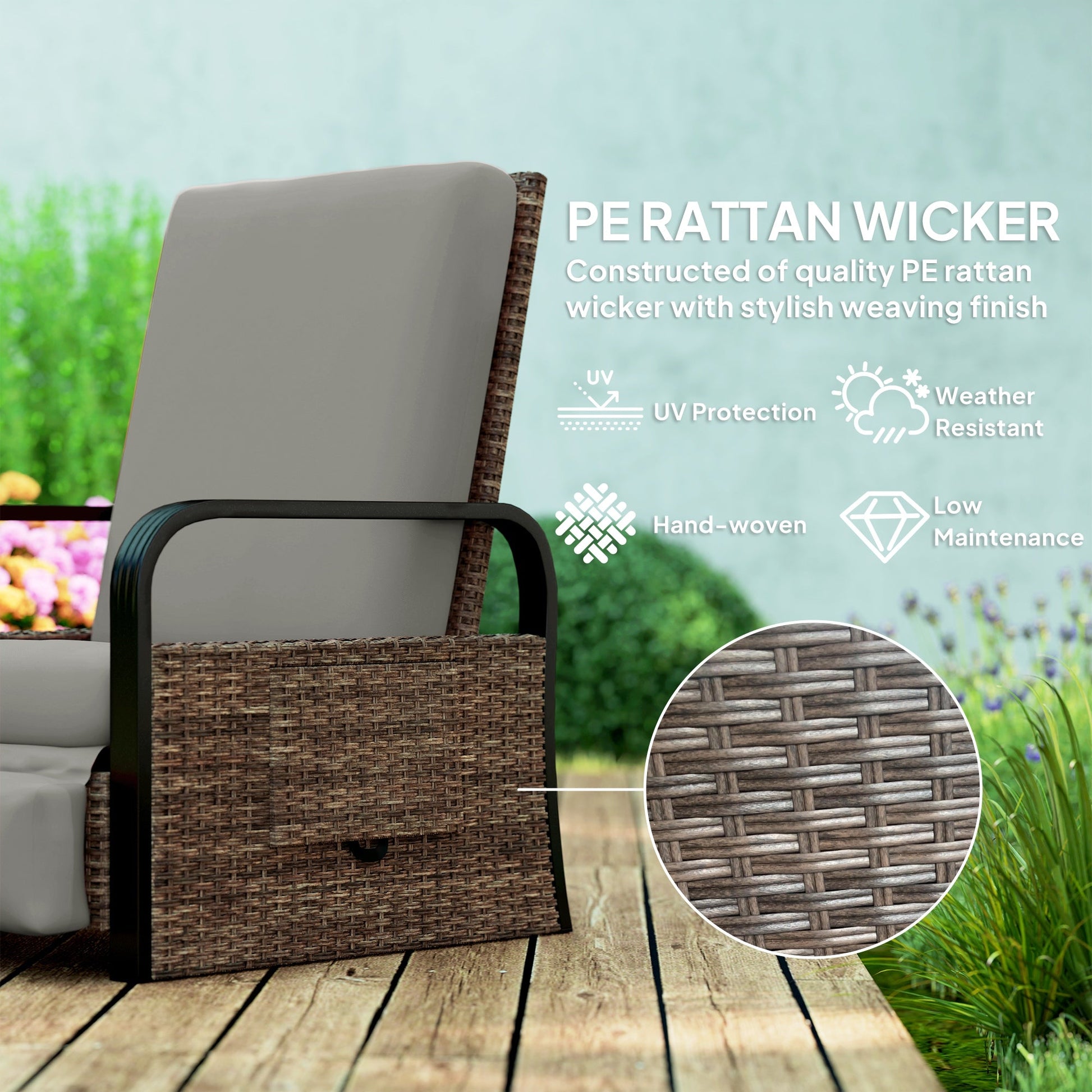 Outdoor Recliner Chair, Reclining Outdoor Lounge Chair with Adjustable Backrest and Footrest, Wicker Chair with Flip Side Table, Aluminum Armrests and Cushion, Light Grey