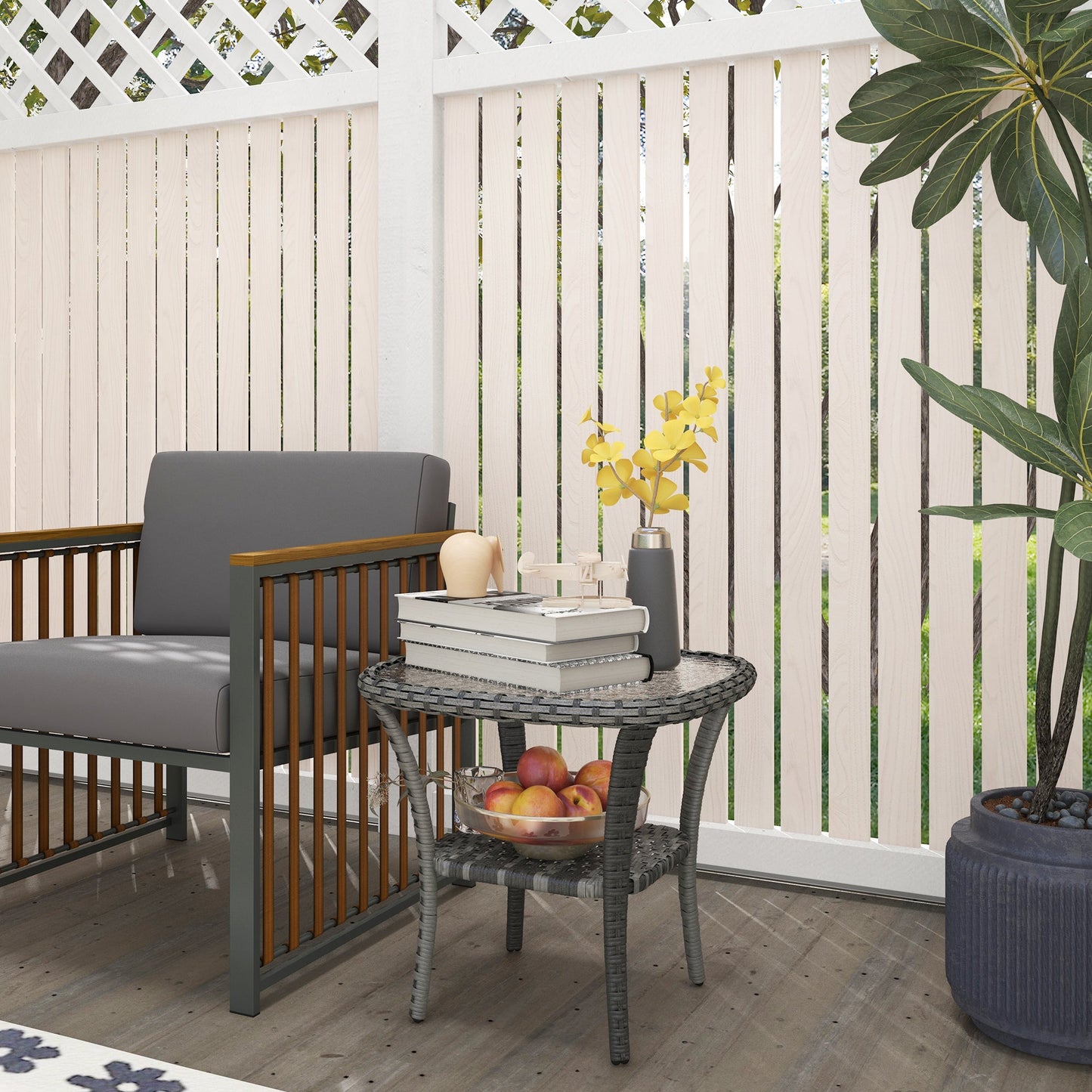 Rattan Coffee Table with Storage Shelf, Wicker Side Table with Glass Top, Outdoor End Table for Garden, Porch, Backyard, Mix Grey