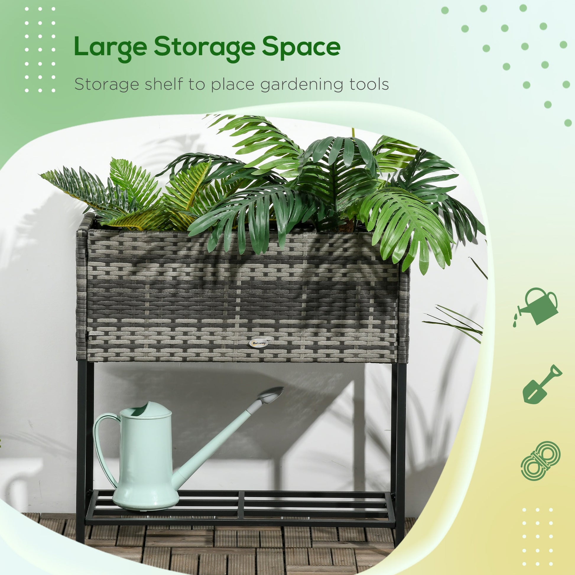 Modern Elevated Metal Raised Garden Bed with Rattan Wicker Look, Underneath Tool Storage Rack, Mixed Grey