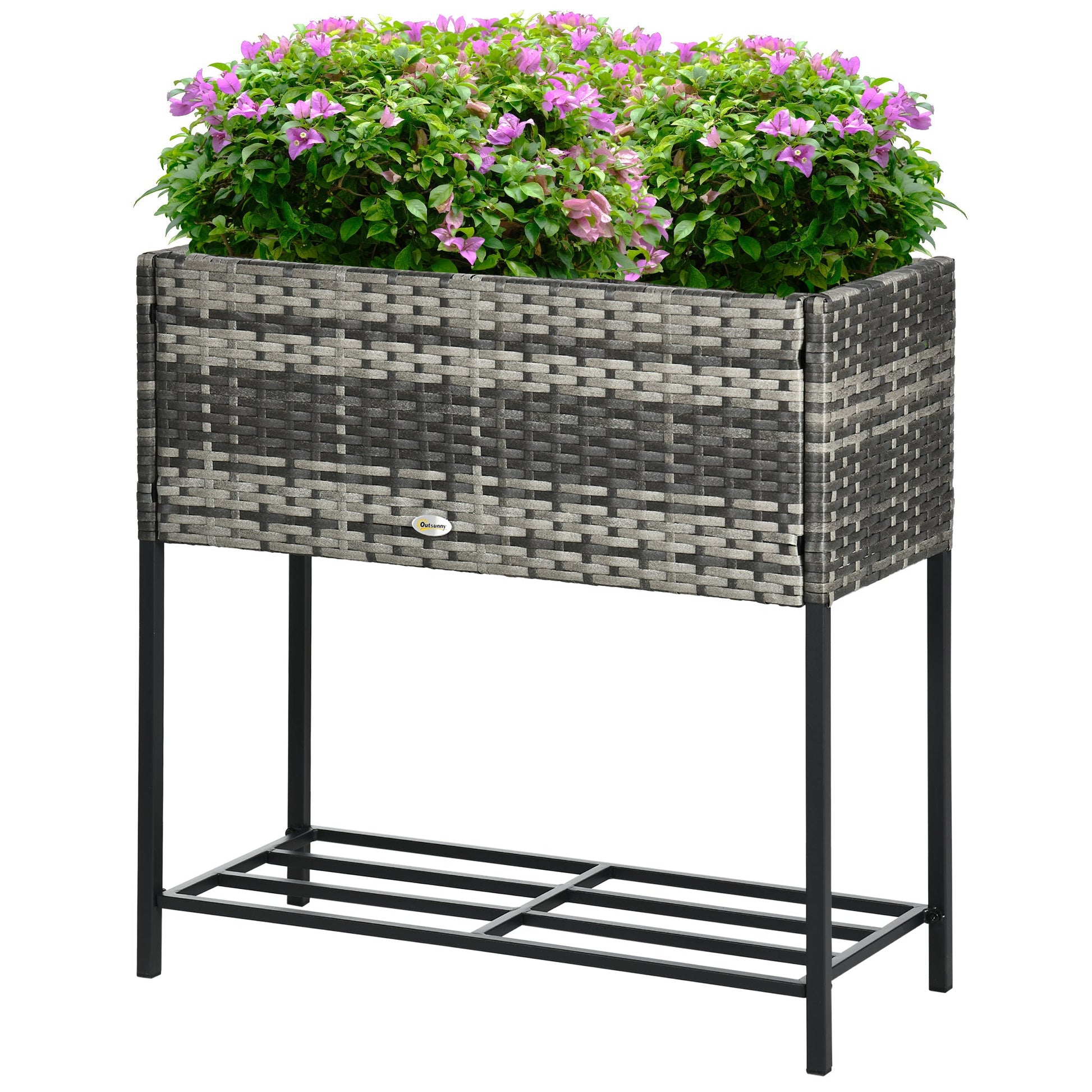Modern Elevated Metal Raised Garden Bed with Rattan Wicker Look, Underneath Tool Storage Rack, Mixed Grey