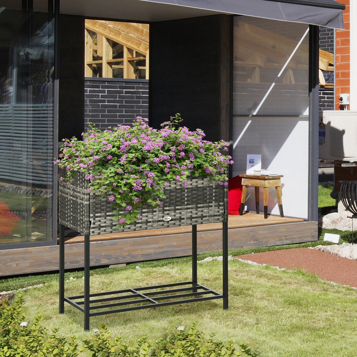 Modern Elevated Metal Raised Garden Bed with Rattan Wicker Look, Underneath Tool Storage Rack, Mixed Grey