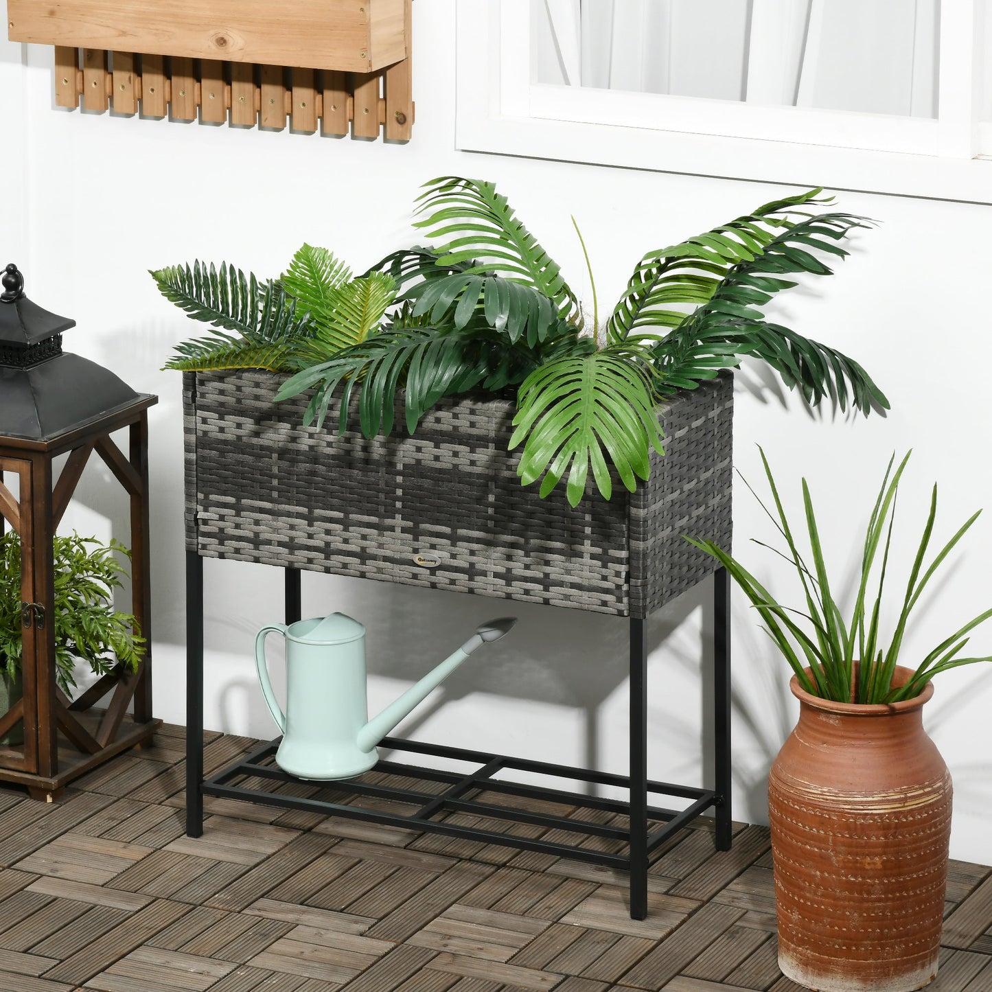 Modern Elevated Metal Raised Garden Bed with Rattan Wicker Look, Underneath Tool Storage Rack, Mixed Grey