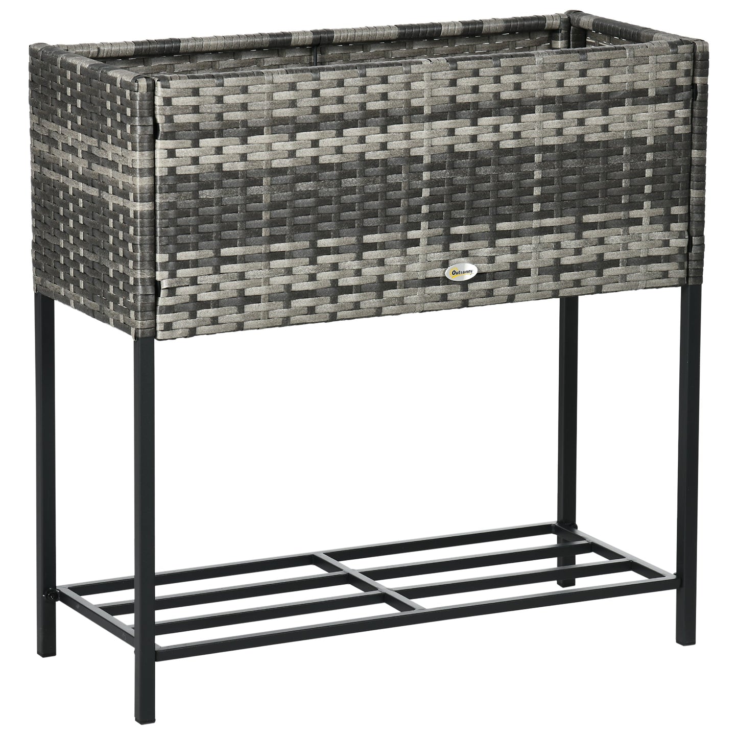 Modern Elevated Metal Raised Garden Bed with Rattan Wicker Look, Underneath Tool Storage Rack, Mixed Grey