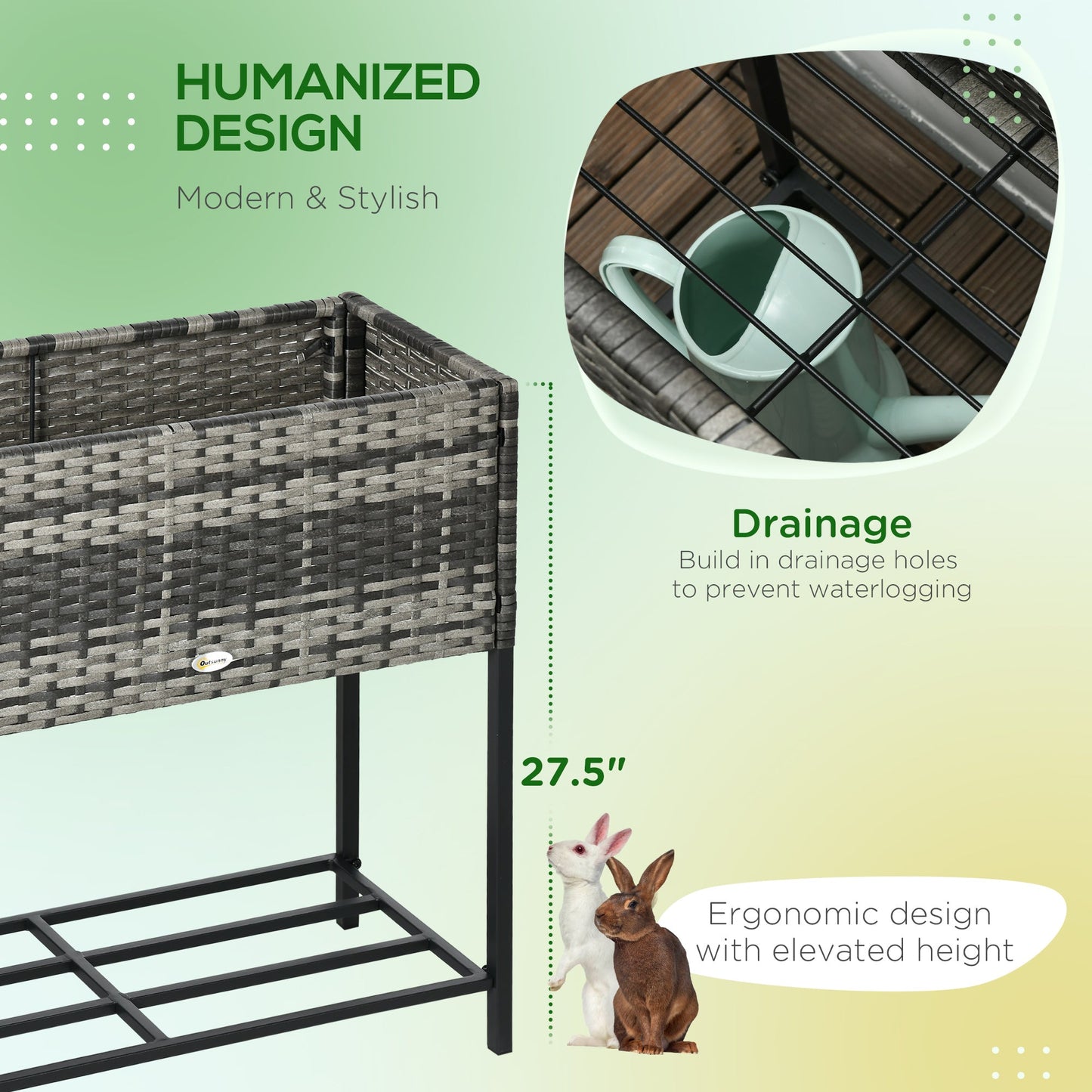 Modern Elevated Metal Raised Garden Bed with Rattan Wicker Look, Underneath Tool Storage Rack, Mixed Grey