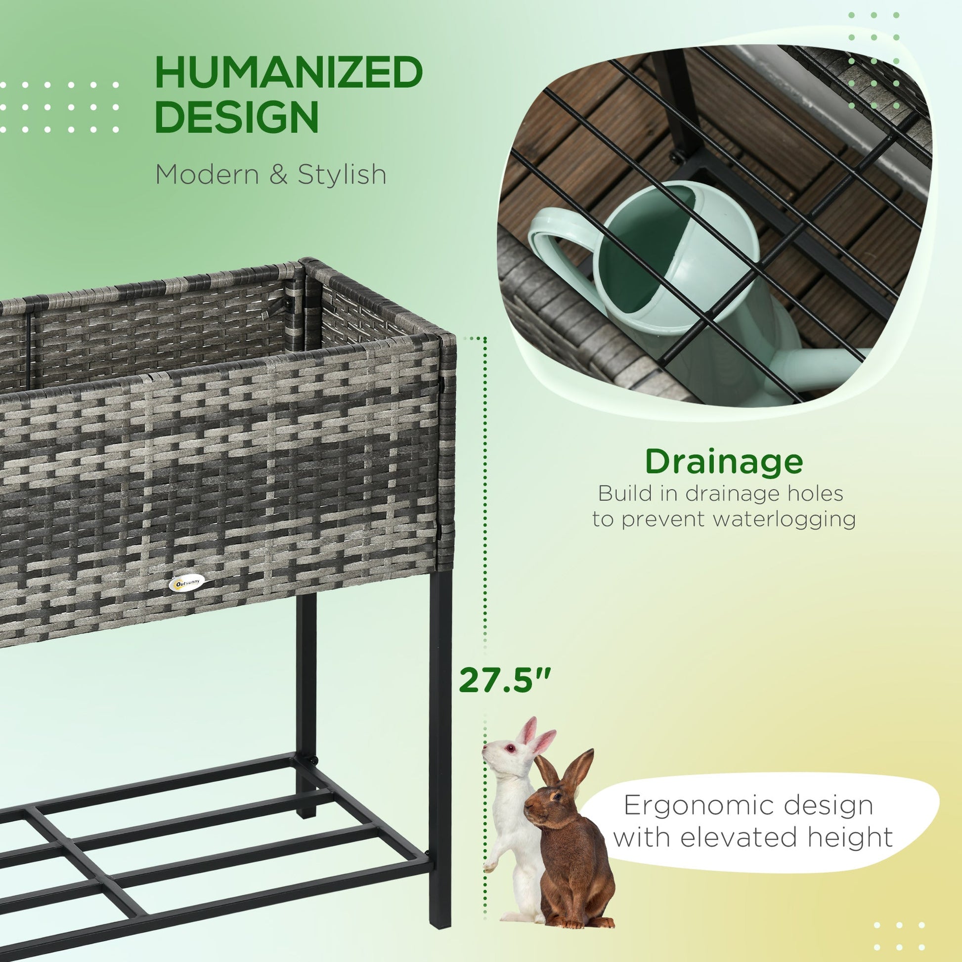Modern Elevated Metal Raised Garden Bed with Rattan Wicker Look, Underneath Tool Storage Rack, Mixed Grey