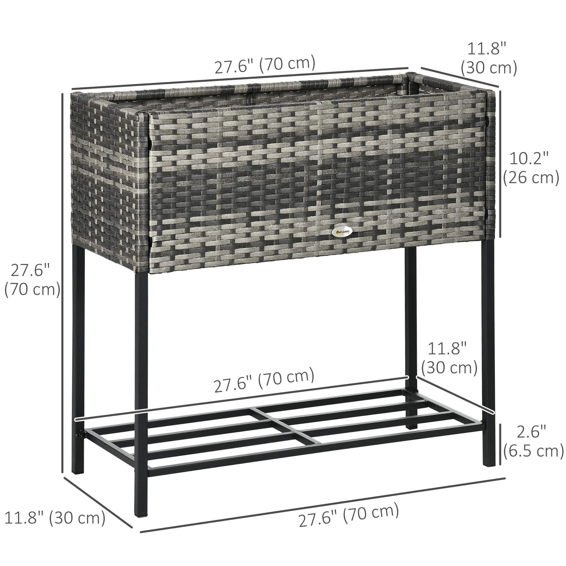 Modern Elevated Metal Raised Garden Bed with Rattan Wicker Look, Underneath Tool Storage Rack, Mixed Grey