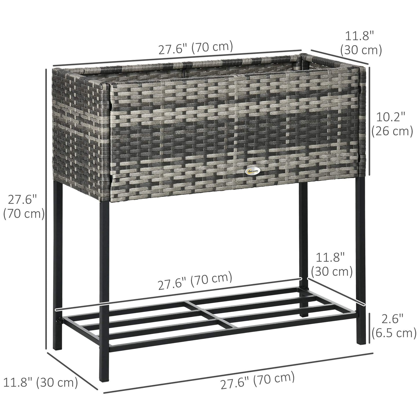 Modern Elevated Metal Raised Garden Bed with Rattan Wicker Look, Underneath Tool Storage Rack, Mixed Grey