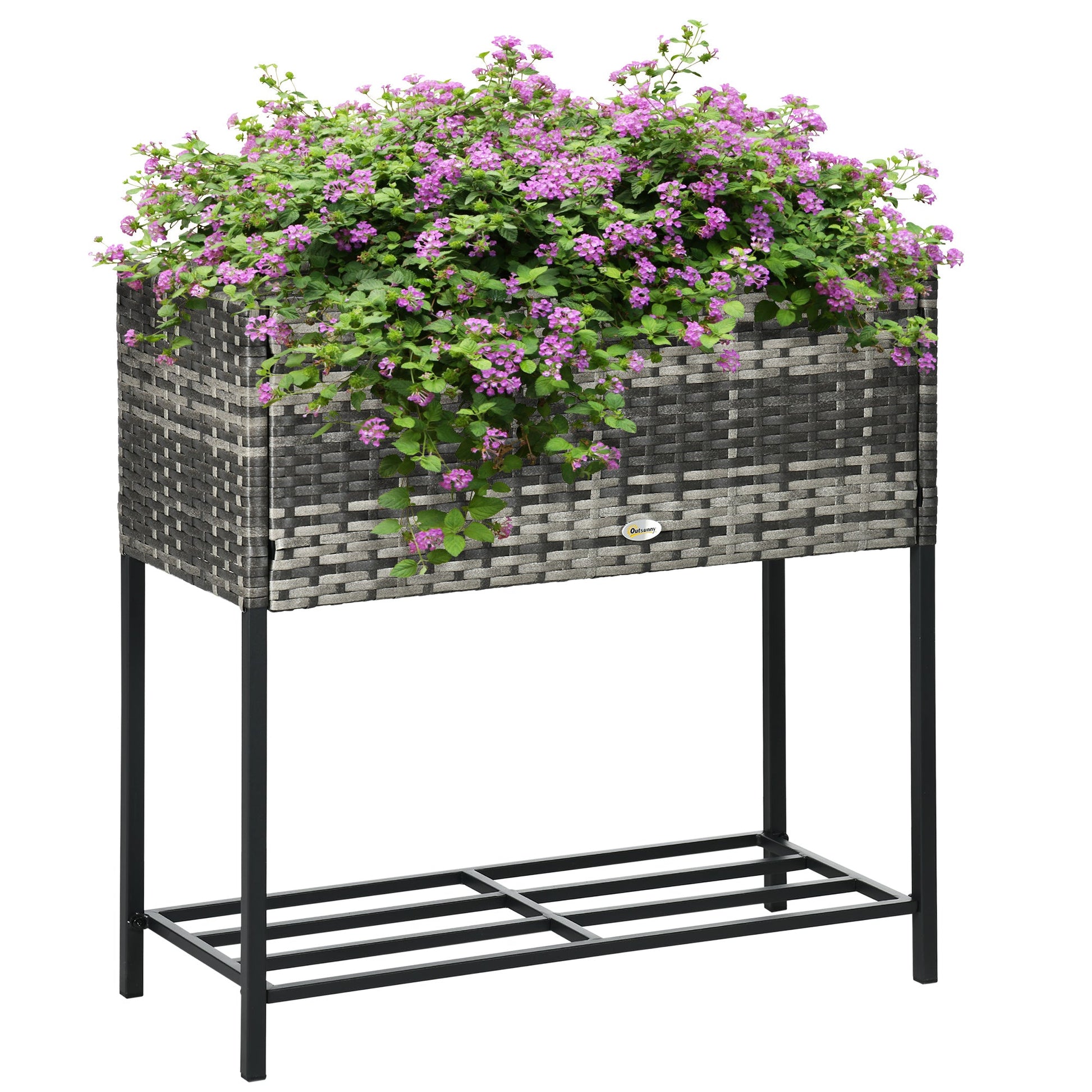 Modern Elevated Metal Raised Garden Bed with Rattan Wicker Look, Underneath Tool Storage Rack, Mixed Grey