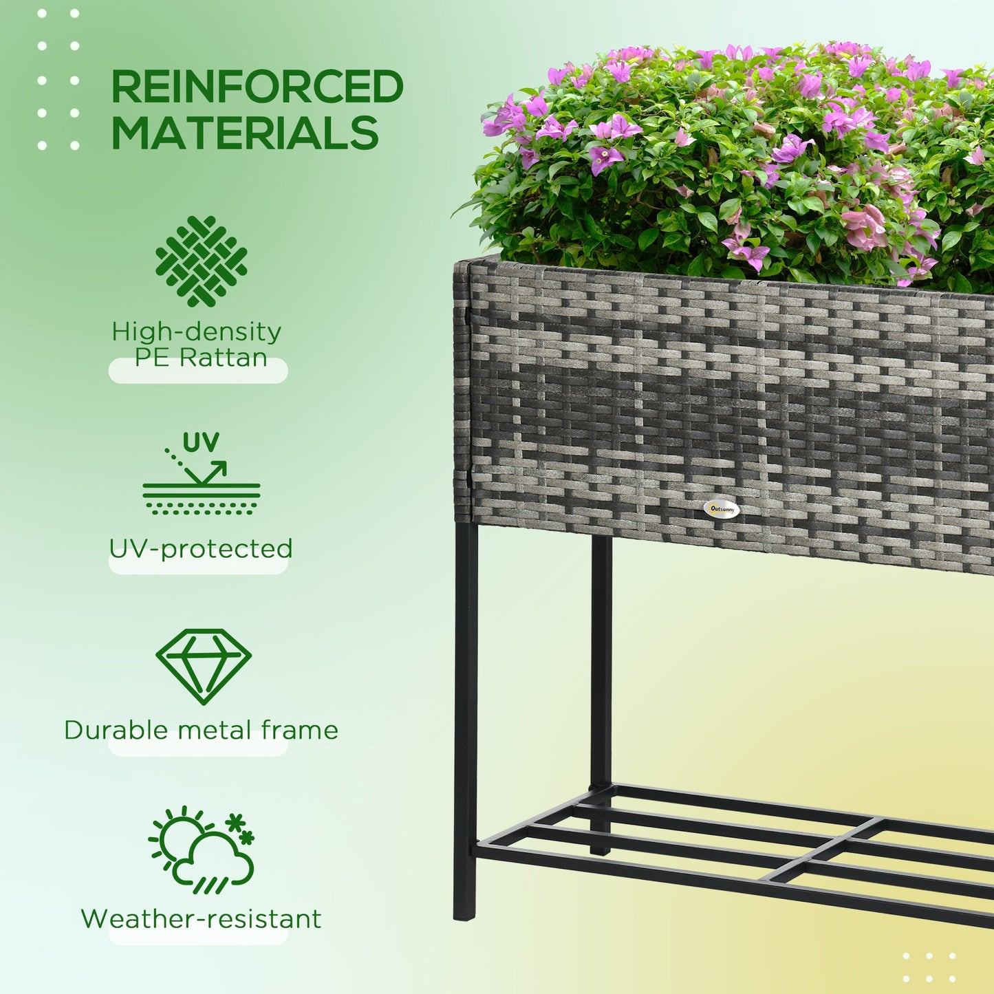 Modern Elevated Metal Raised Garden Bed with Rattan Wicker Look, Underneath Tool Storage Rack, Mixed Grey