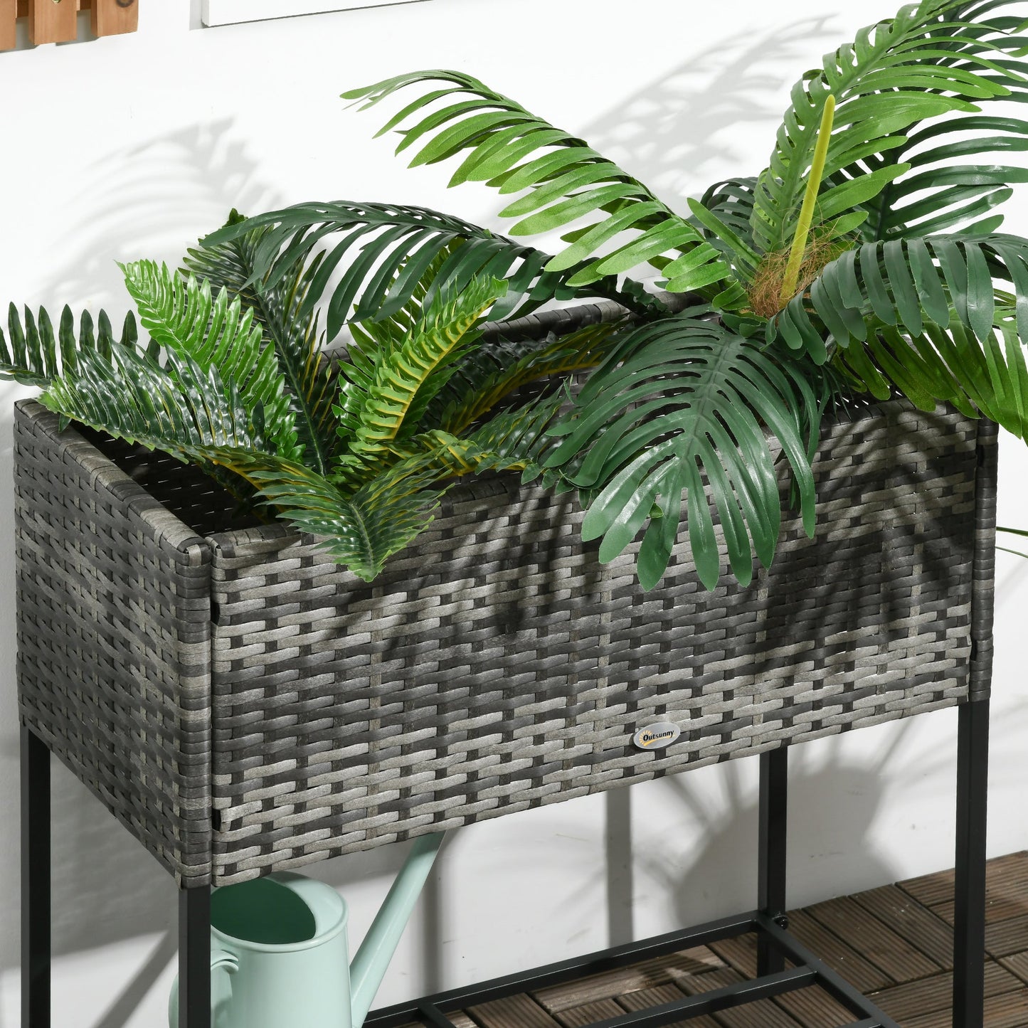 Modern Elevated Metal Raised Garden Bed with Rattan Wicker Look, Underneath Tool Storage Rack, Mixed Grey