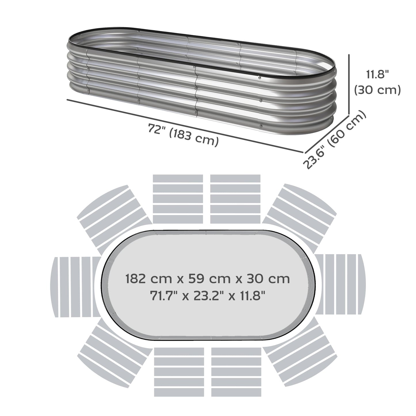 2Pcs Galvanized Raised Garden Bed, 6 x 2 x 1 ft Modular Metal Garden Beds with Rubber Strip Edging, Oval Outdoor Planter Box for Vegetables, Flowers, Herbs, Silver