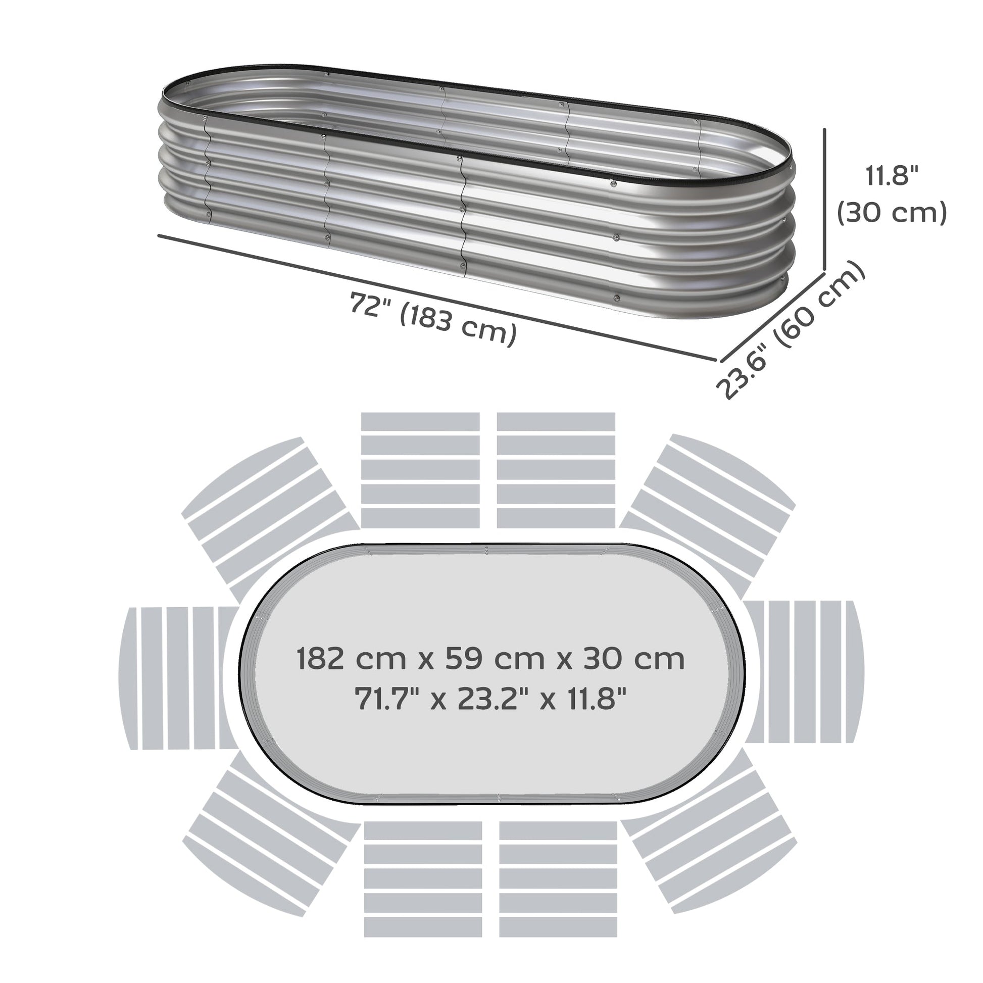 2Pcs Galvanized Raised Garden Bed, 6 x 2 x 1 ft Modular Metal Garden Beds with Rubber Strip Edging, Oval Outdoor Planter Box for Vegetables, Flowers, Herbs, Silver