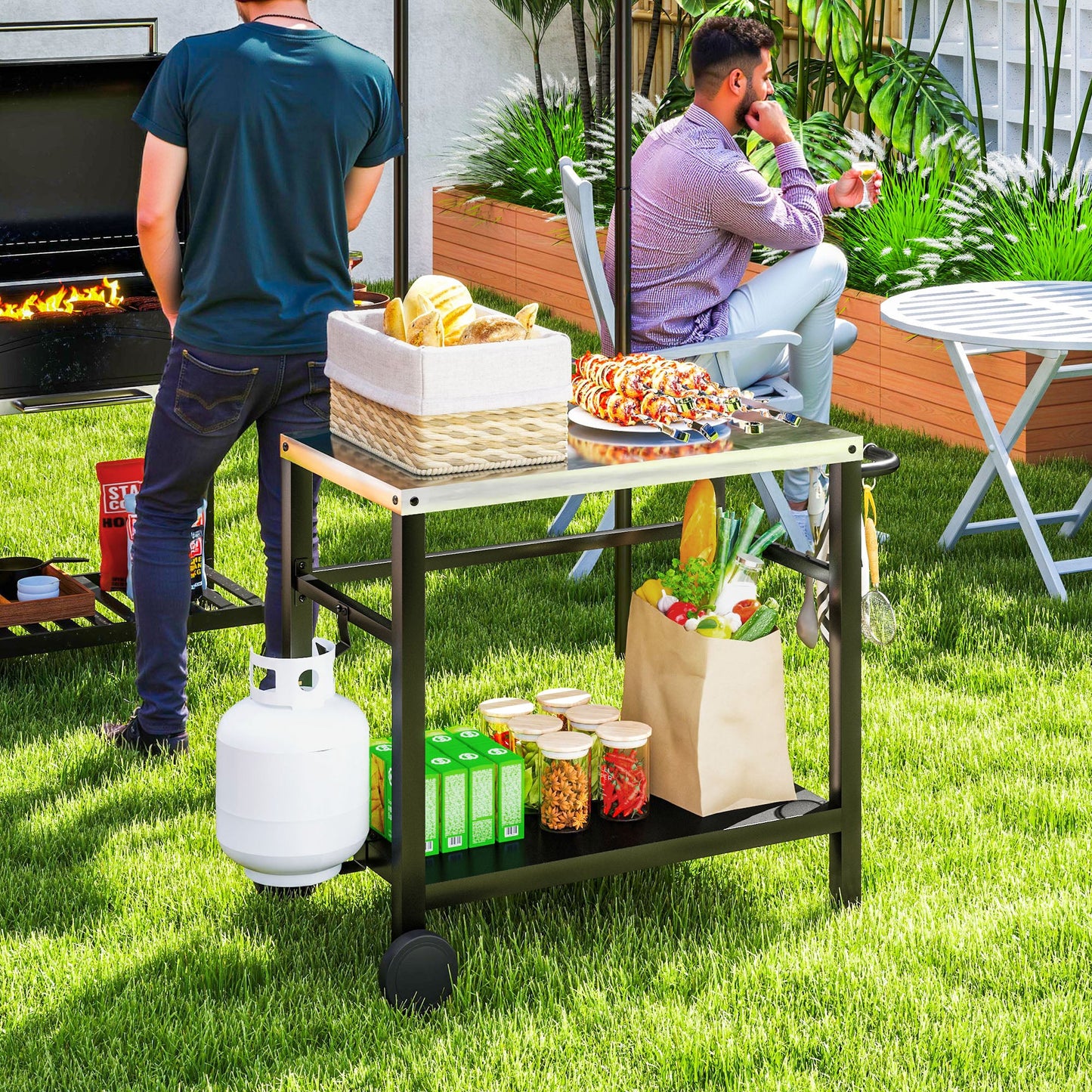 Outdoor Grill Dining Cart with Stainless Steel Tabletop, 2-Shelf BBQ Movable Pizza Oven Stand with Shelf, Hooks, Wheels, Charcoal Grey