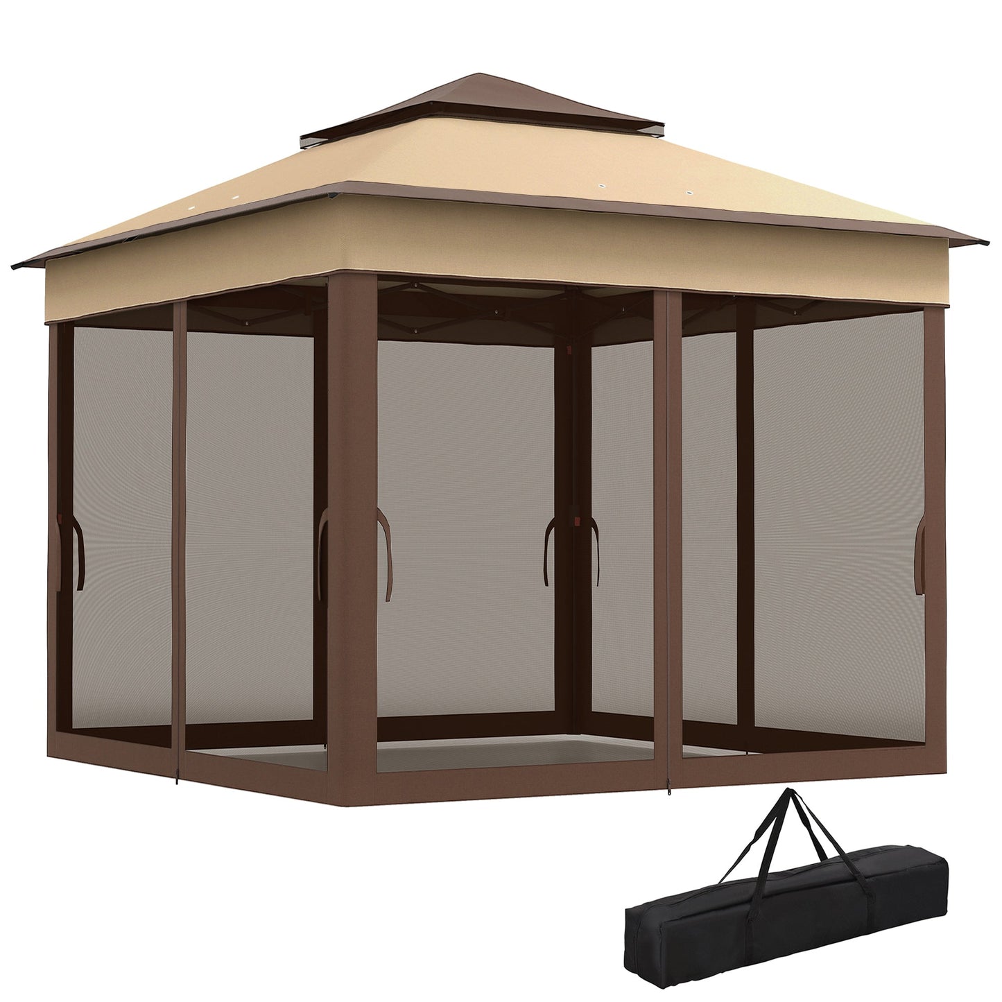 10.7 x 10.7ft Pop Up Camping Gazebo, Height Adjustable Instant Sun Shelter with UV30+ Roof Cover, Removable Mesh Curtains and Carrying Bag for Patio, Backyard, Beige