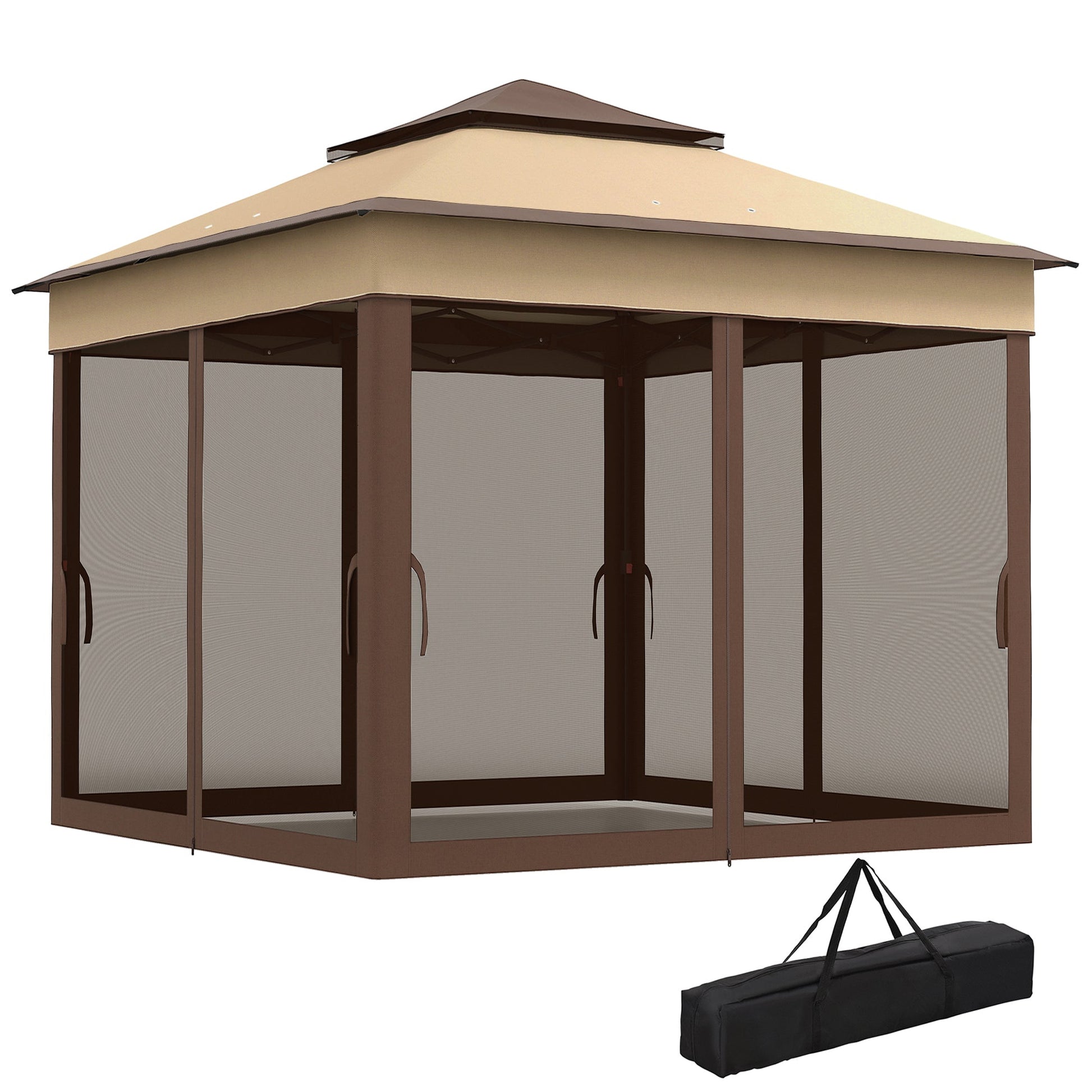 10.7 x 10.7ft Pop Up Camping Gazebo, Height Adjustable Instant Sun Shelter with UV30+ Roof Cover, Removable Mesh Curtains and Carrying Bag for Patio, Backyard, Beige