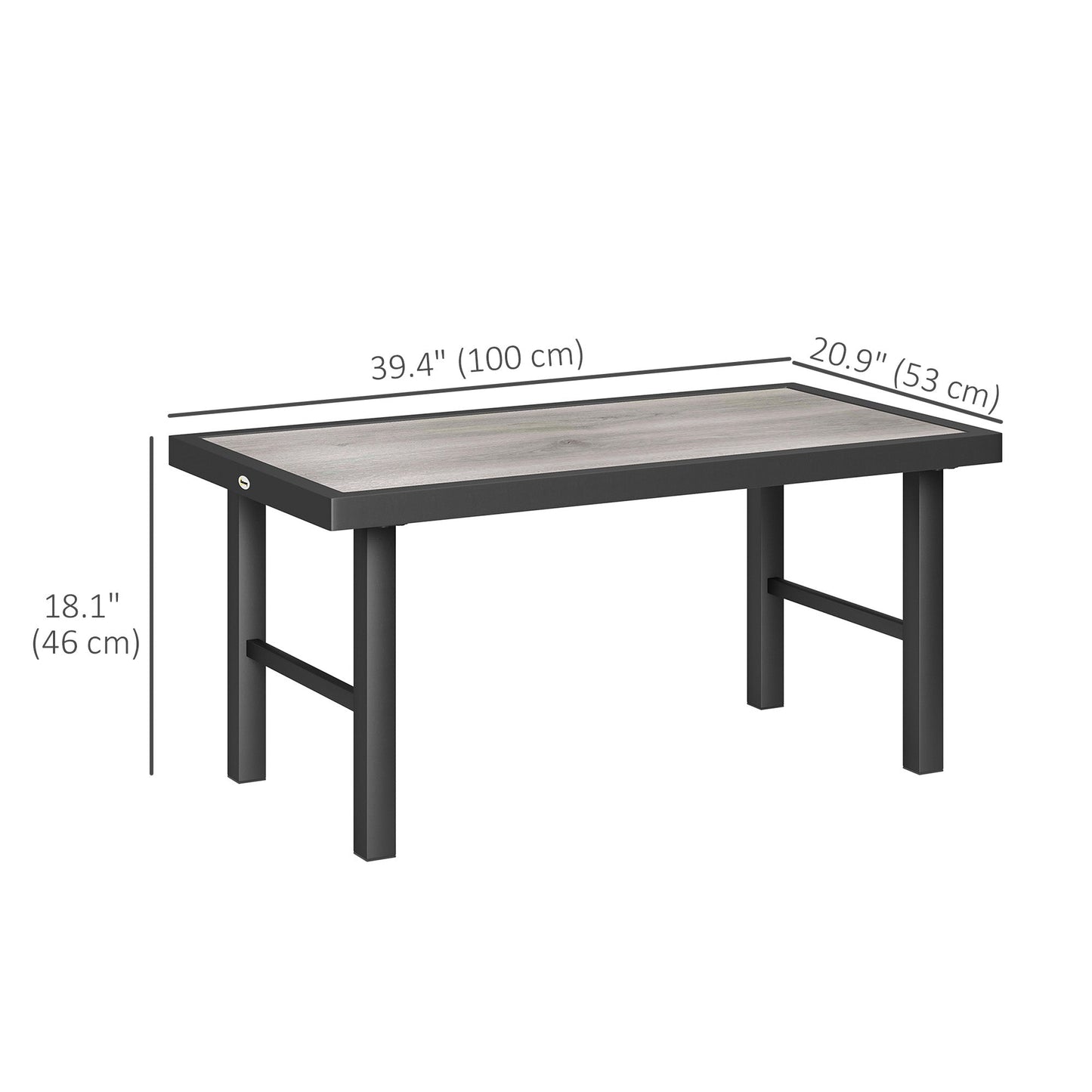Metal Patio Coffee Table, Rectangle Outdoor Side Table with SPC Woodgrain Tabletop, Foot Pads for Outside Garden Patio Lawn, Distressed Grey