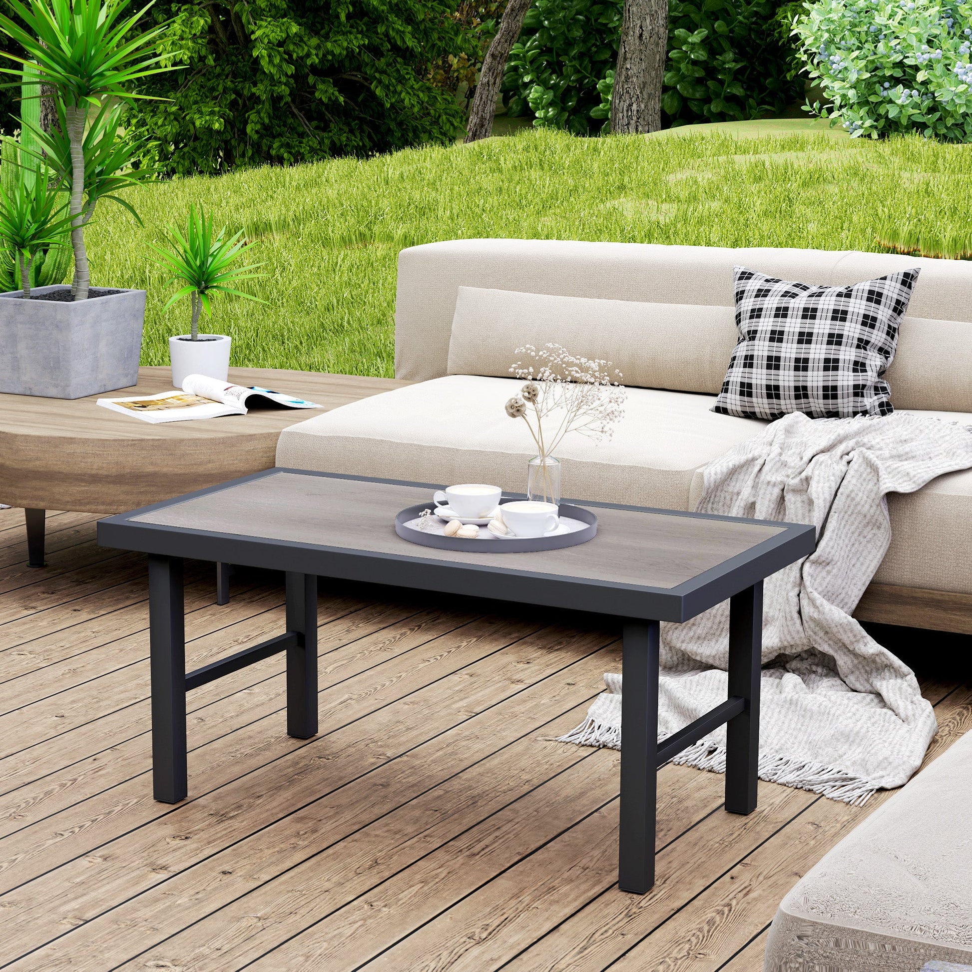 Metal Patio Coffee Table, Rectangle Outdoor Side Table with SPC Woodgrain Tabletop, Foot Pads for Outside Garden Patio Lawn, Distressed Grey