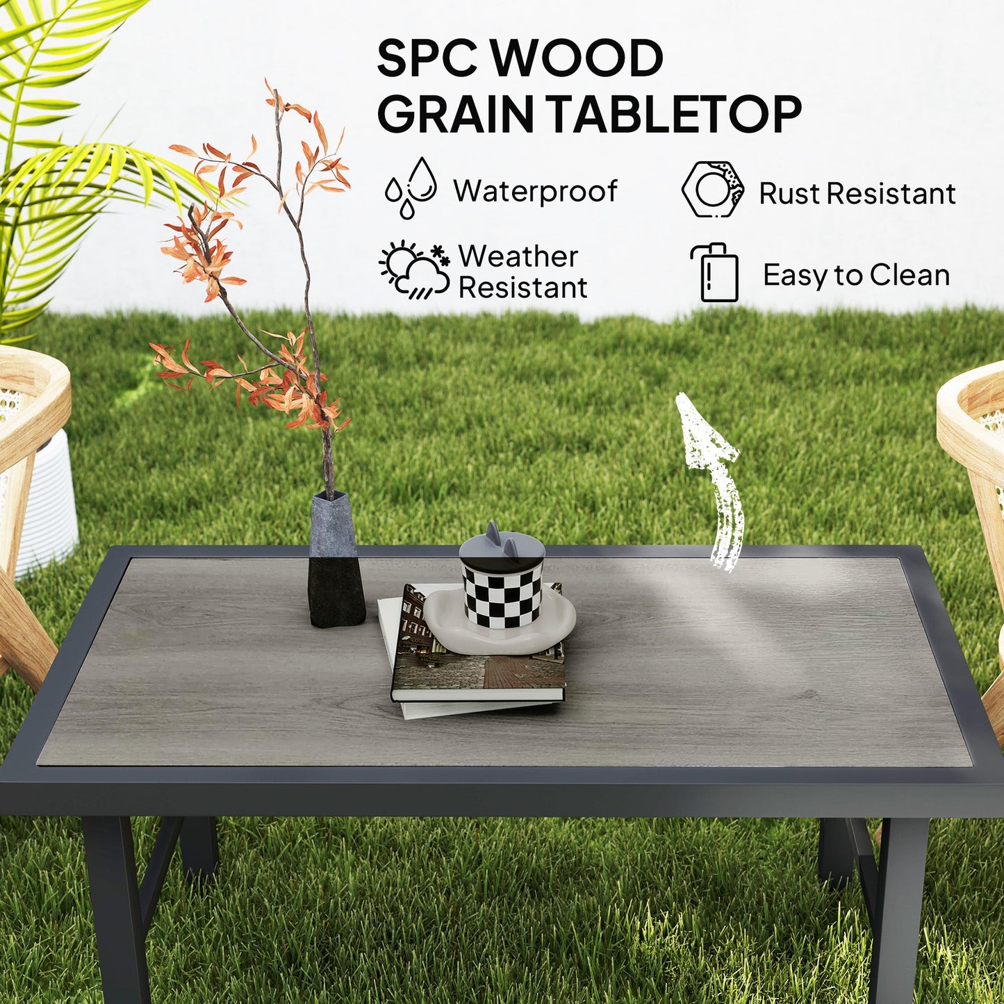 Metal Patio Coffee Table, Rectangle Outdoor Side Table with SPC Woodgrain Tabletop, Foot Pads for Outside Garden Patio Lawn, Distressed Grey