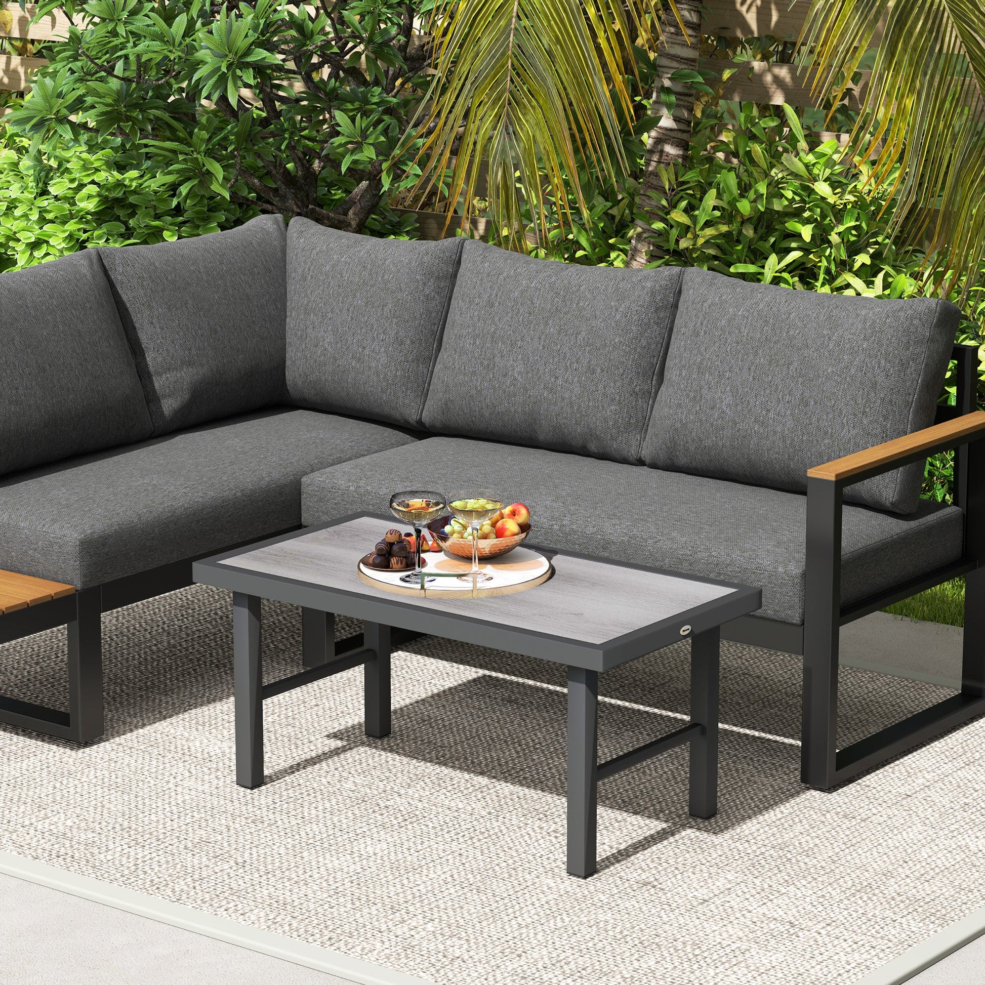 Metal Patio Coffee Table, Rectangle Outdoor Side Table with SPC Woodgrain Tabletop, Foot Pads for Outside Garden Patio Lawn, Distressed Grey